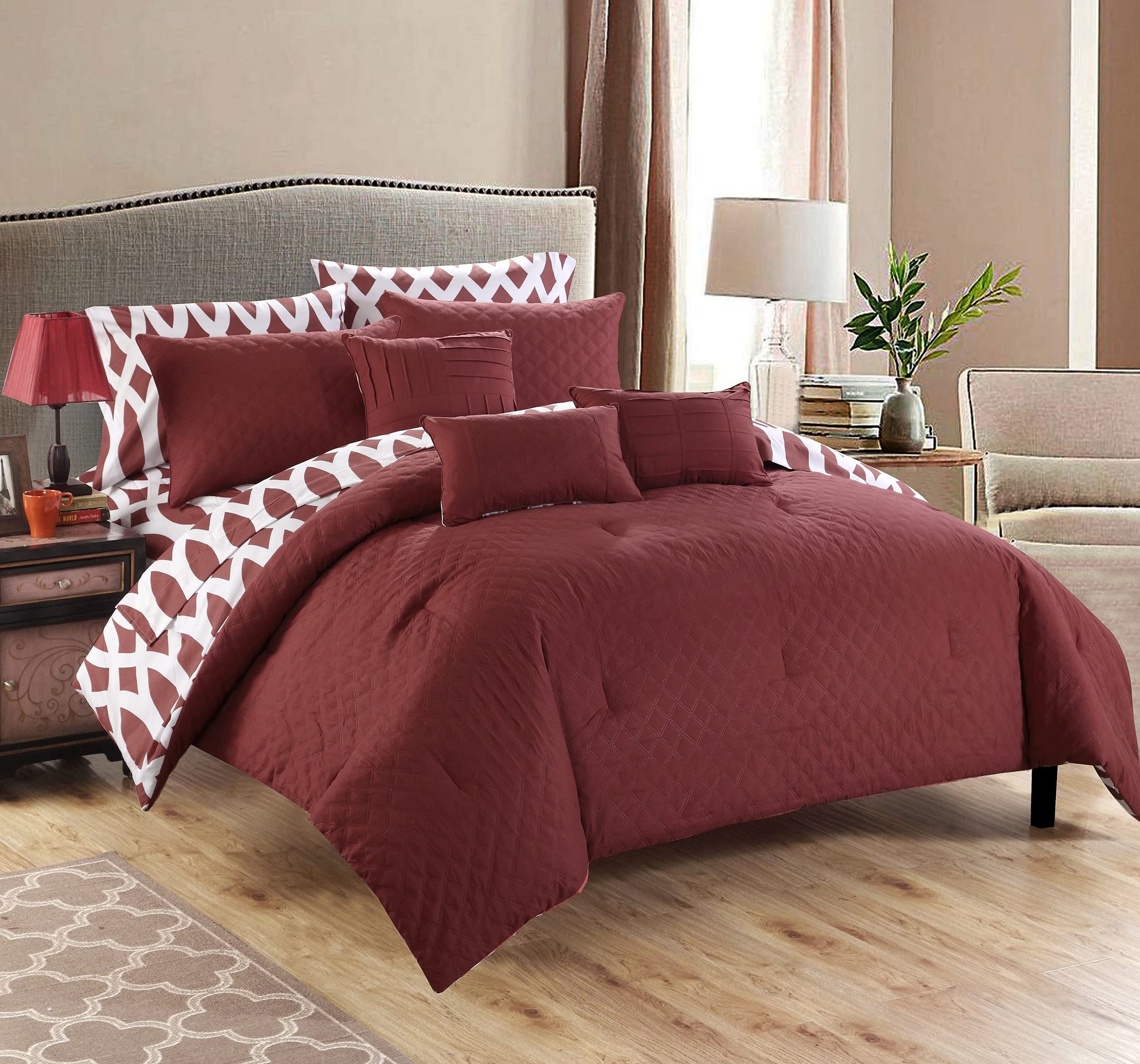 Chic Home 8 Holland Diamond Quilted Embroidered Reversible Comforter Set - Twin Size with Printed Backside & 3-Piece Sheet Set in Marsala | Perfect for Modern Bedrooms, Guest Rooms & Dorm Decor