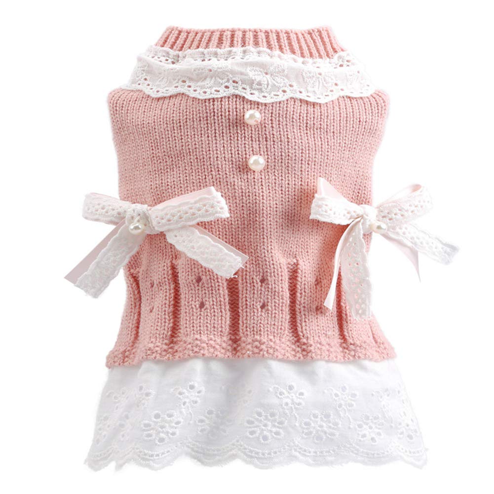 SONGBIRDTH Winter Warm Dog Clothes - Faux Pearl & Lace Bow Knitted Dress Costume for Small & Medium Dogs | Princess Style Pet Outfit for Cold Weather & Indoor Fashion
