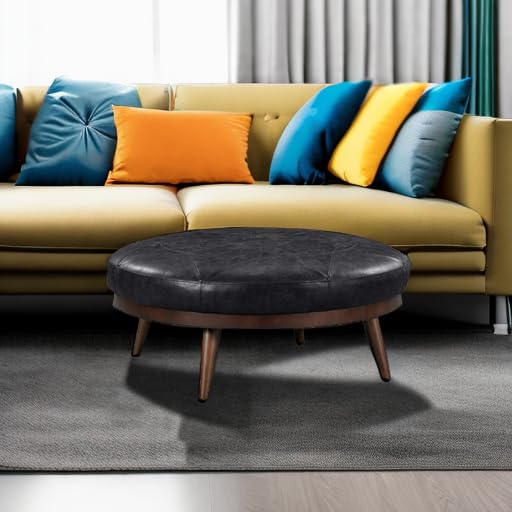 Premium Full-Grain Italian Leather Ottoman - POLY & BARK Gio Ottoman in Onyx Black - Luxurious Footrest & Living Room Accent Piece for Modern Home Decor