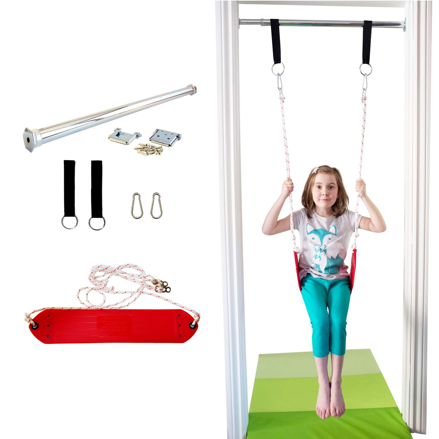 DreamGYM Doorway Swing Set - Indoor Swing for Kids with Red Classic Rope Swing - Perfect for Home Playrooms, Bedrooms & Indoor Play Areas