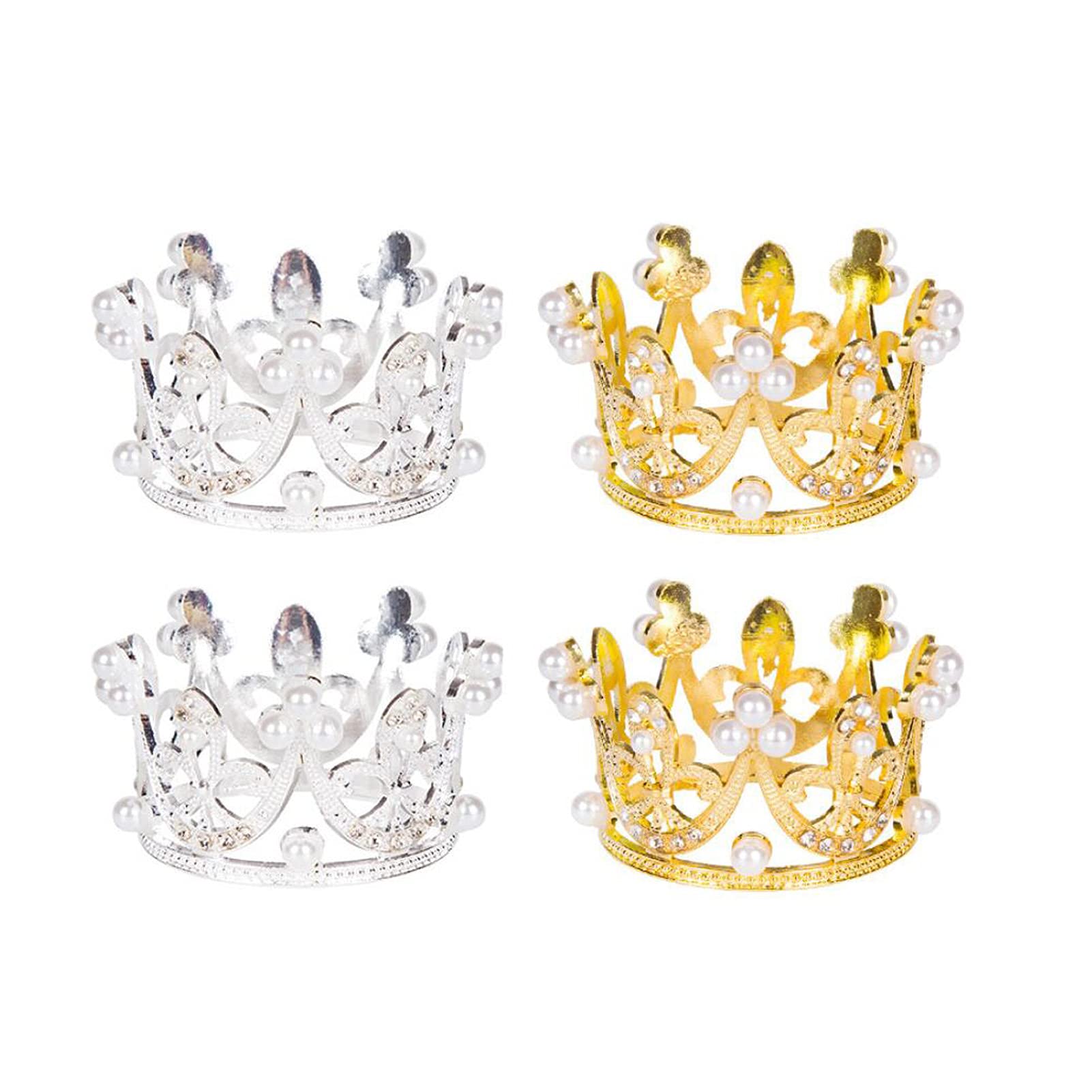4 Pack Mini Crown Cake Toppers - Gold & Silver Crystal Rhinestone Cupcake Tiara for Baby Shower, Birthday, Wedding, Christmas, Princess Theme Party Decorations - Perfect for Newborn Photo Props and Dessert Table Centerpieces