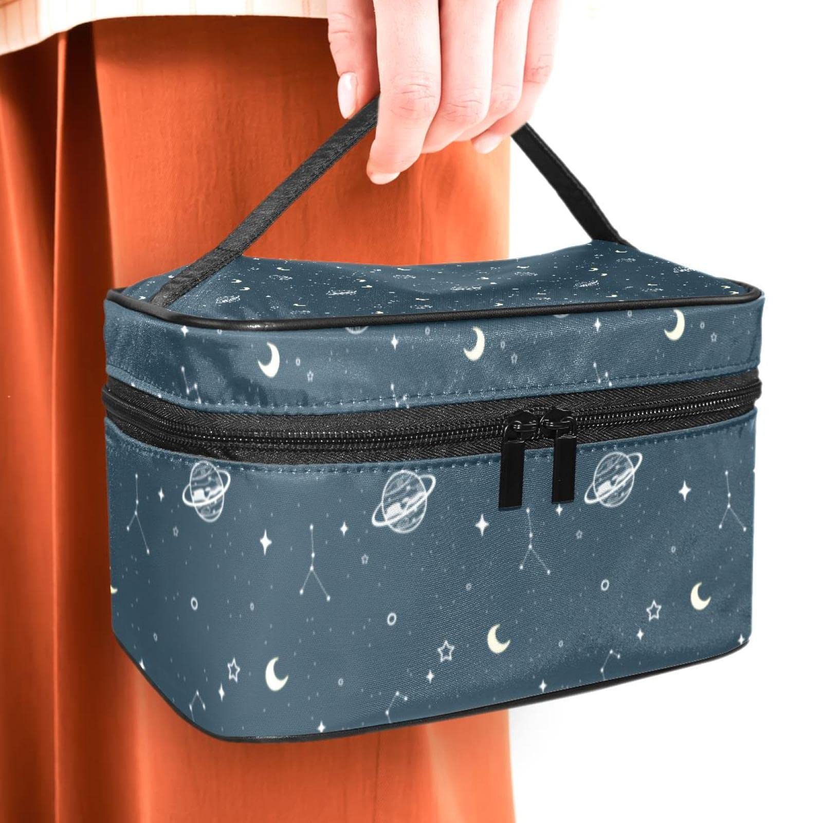 Doodle Galaxy Pattern Makeup Bag for Women & Girls - Cosmetic Travel Organizer with Handle - Perfect for Travel, School, and Daily Beauty Storage