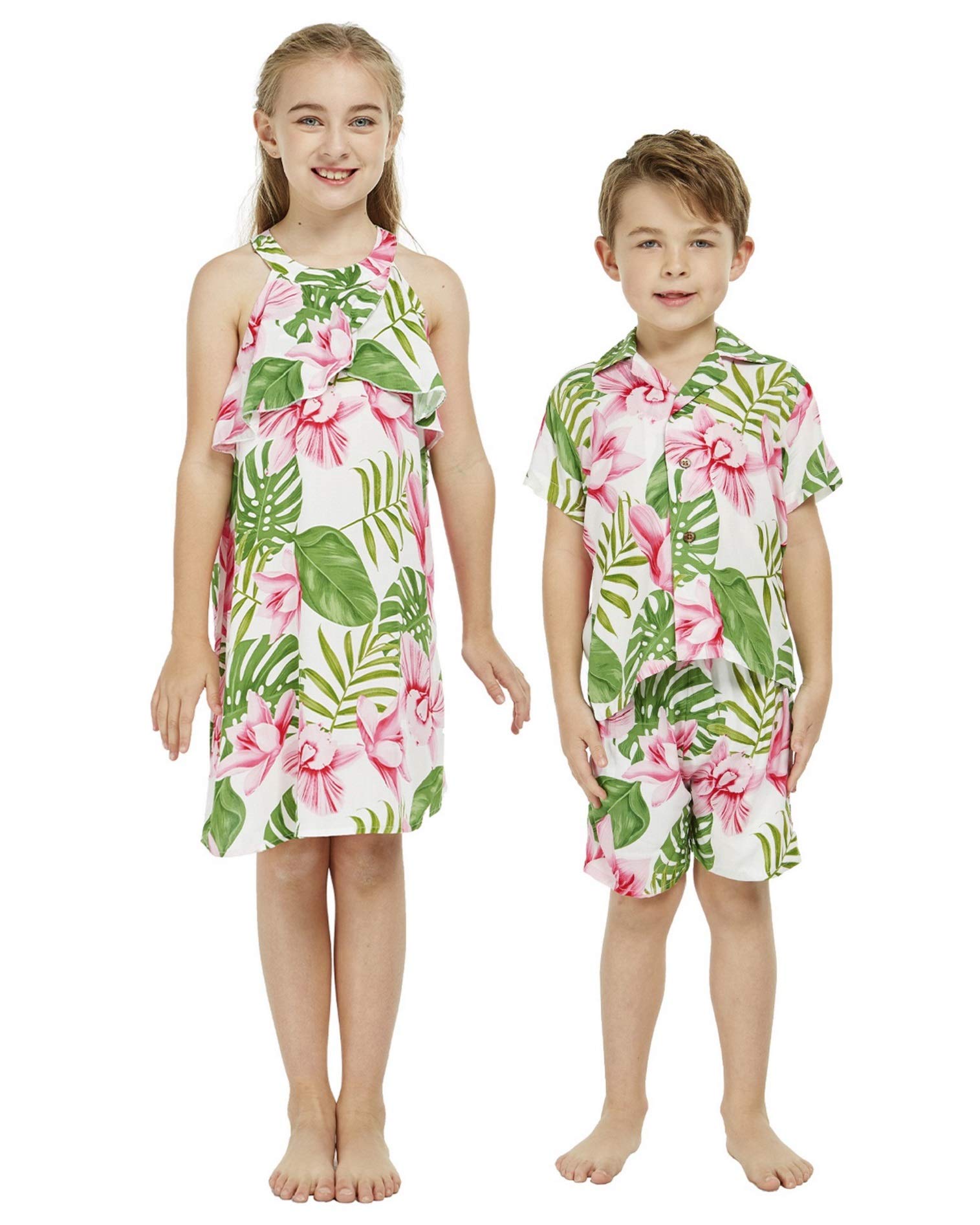 Hawaiian Luau Outfits for Siblings - Matching Boy and Girl Tropical Bloom Print Shirts & Shorts | Perfect for Family Vacations, Beach Parties and Summer Photoshoots
