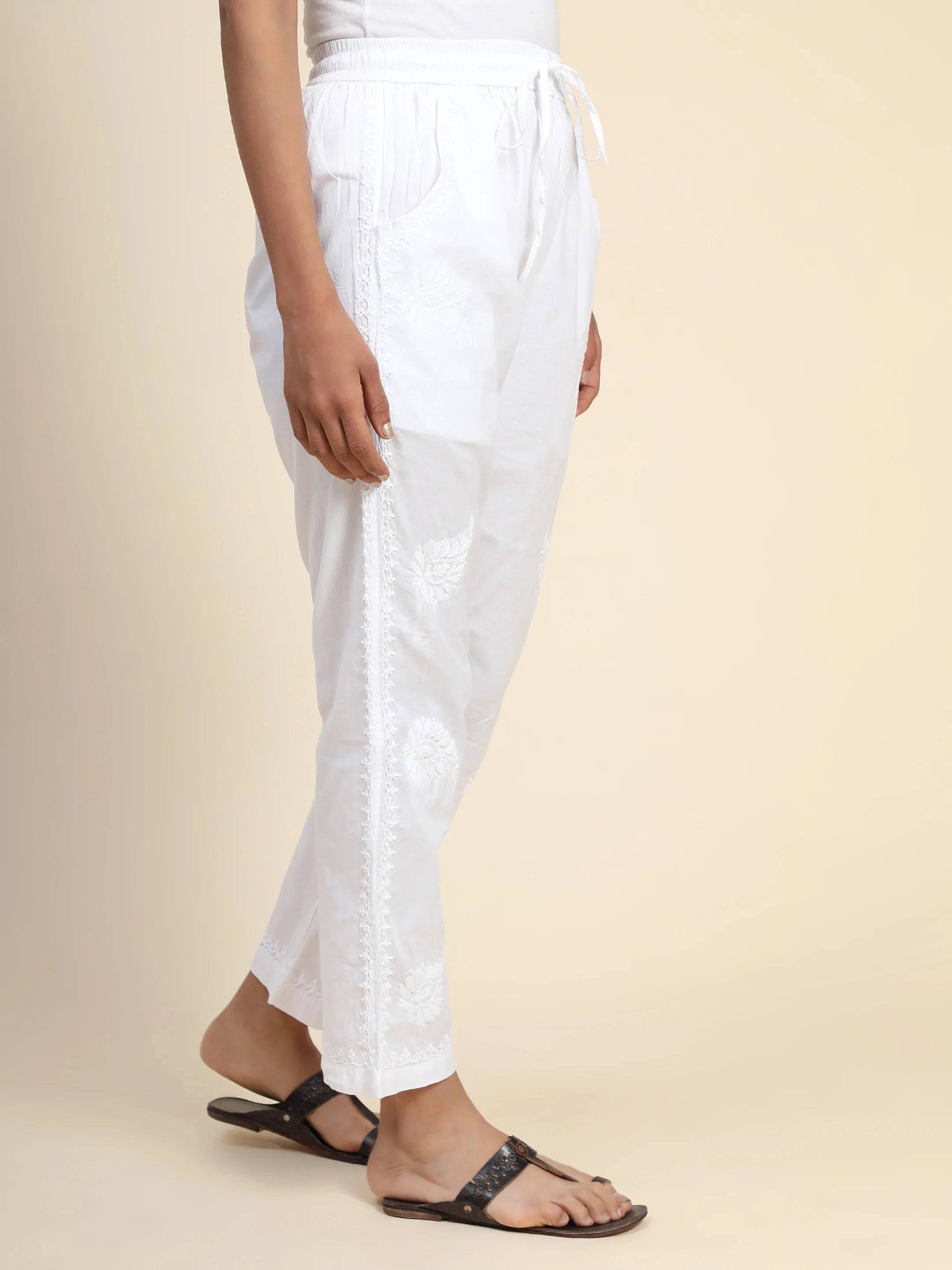 House of Kari Chikankari Embroidered Cotton White Relaxed Pants for Women - Comfortable Loungewear & Casual Wear for Summer, Yoga, and Travel