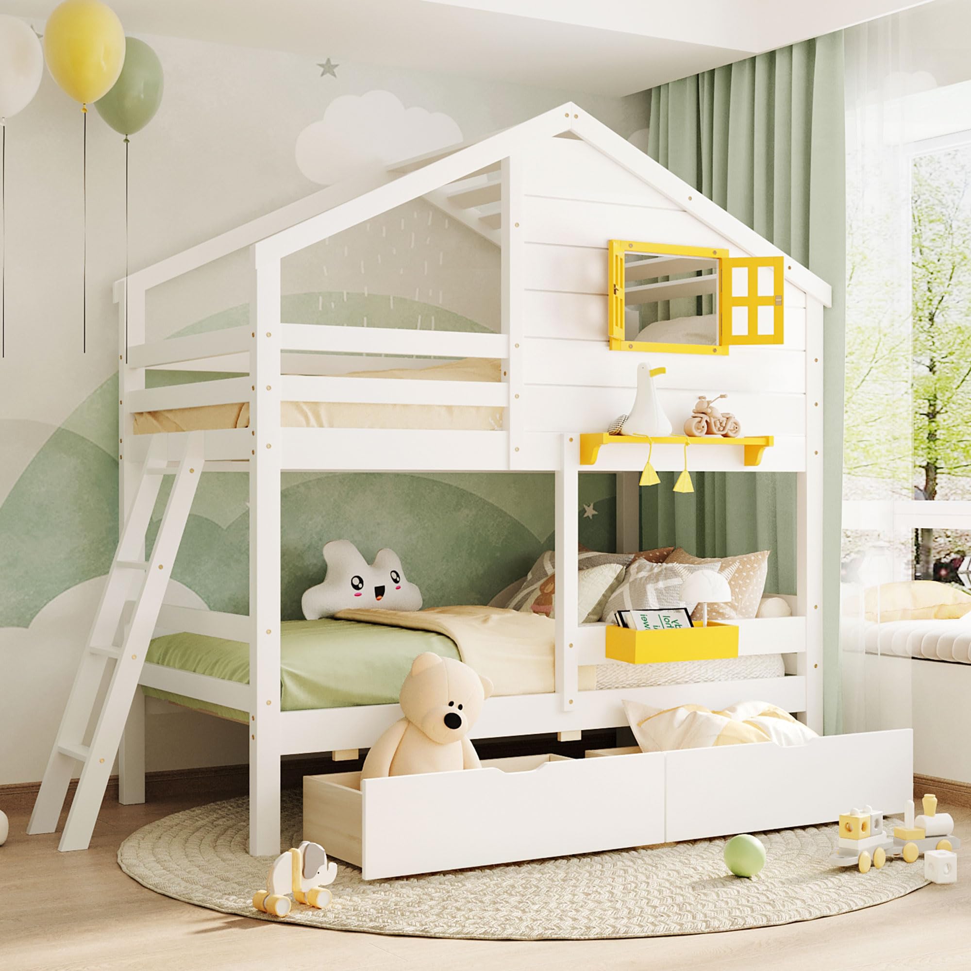 Harper & Bright Designs Twin Over Twin Solid Wood Bunk Bed for Kids with Storage Drawers, Shelf & Roof - White | Space-Saving Kids Bedroom Furniture for Boys, Girls & Teens | Perfect for Small Rooms, Shared Bedrooms & Sleepovers