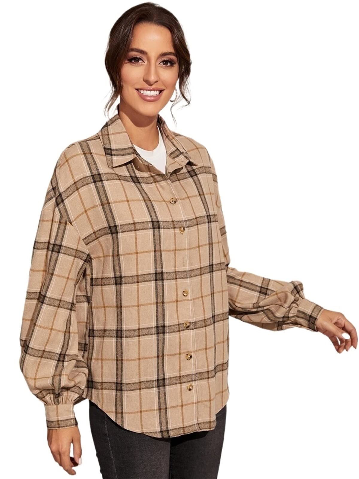 TINMIIR Women's Oversized Drop Shoulder Lantern Sleeve Plaid Button-Down Shirt Blouse - Casual Work Office & Weekend Outfit