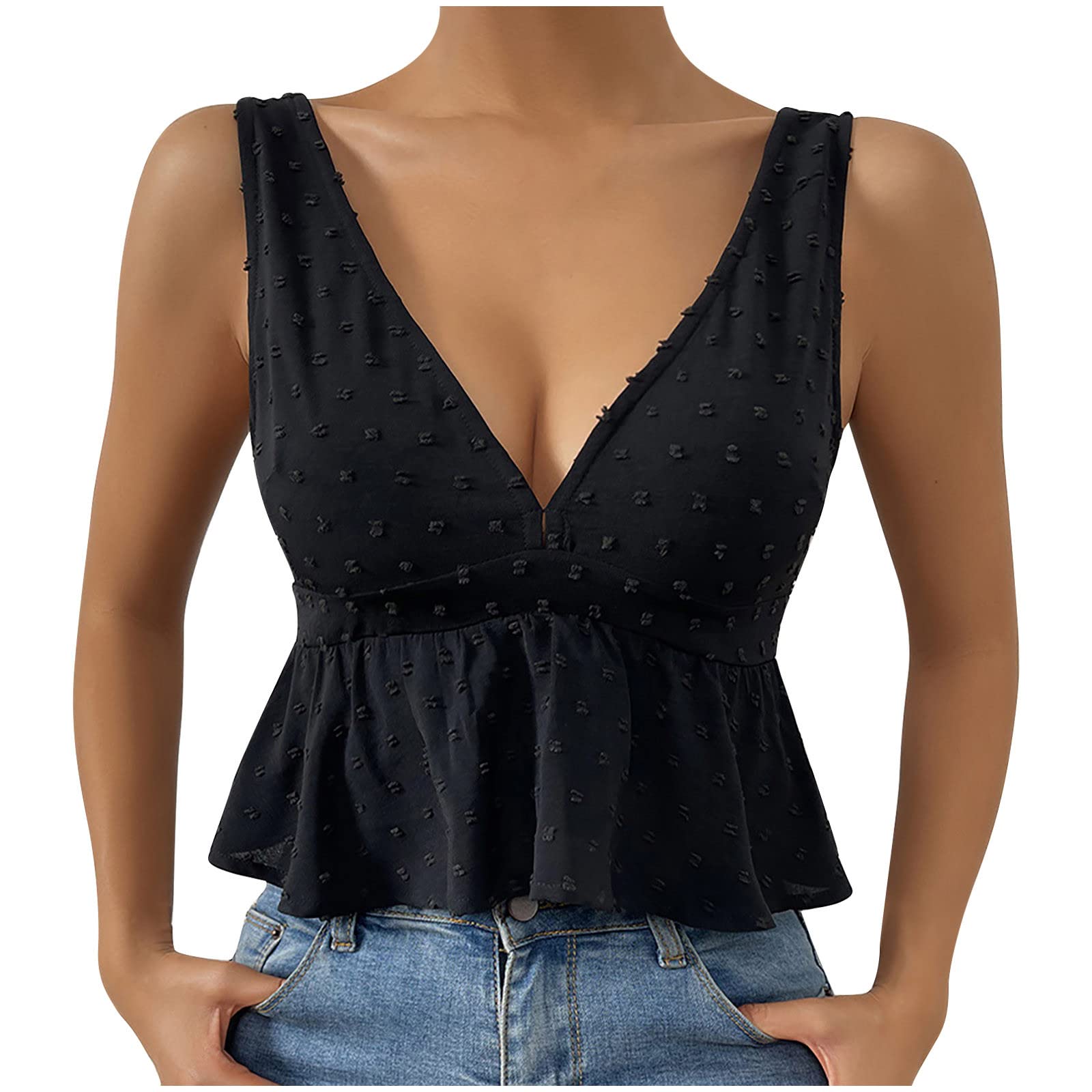 Sexy Deep V Neck Boho Jacquard Tank Top for Women - Summer Sleeveless Casual Camisole Shirt Hide Belly Fat - Perfect for Beach, Vacation & Date Night Outfits