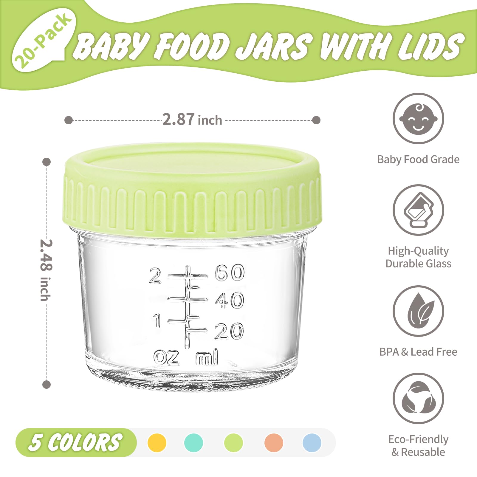 DRKIO 20-Pack 4oz Glass Baby Food Storage Containers with Lids - BPA Free, Microwave, Dishwasher & Freezer Safe, 100% Leak-Proof - Perfect for Homemade Baby Puree, Meal Prep, Snack Storage & On-the-Go Feeding