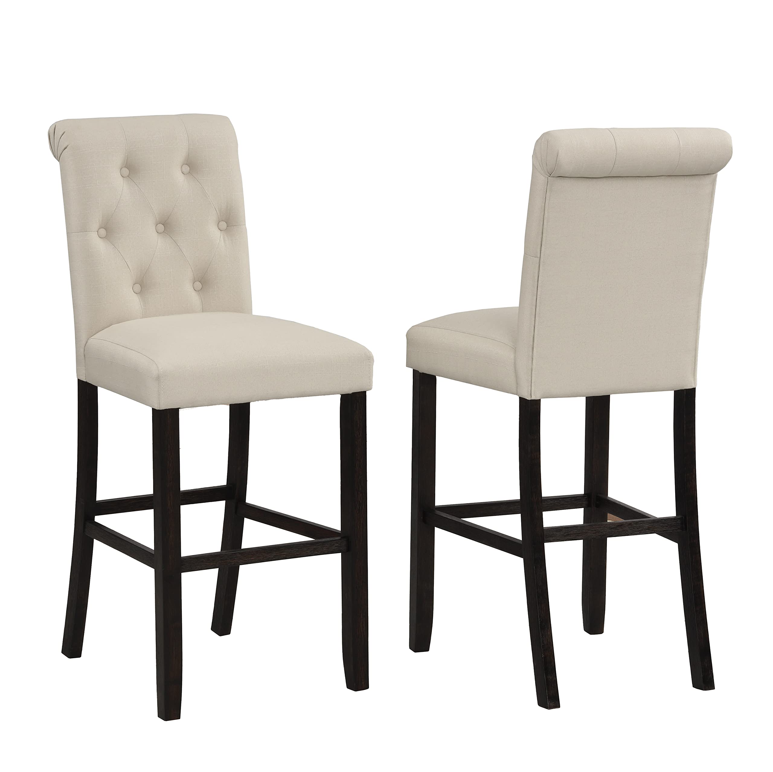 Roundhill Furniture Hendley Solid Wood Tufted Bar Stools, Set of 2, Tan - Perfect for Kitchen Islands, Breakfast Bars & Home Pub Decor