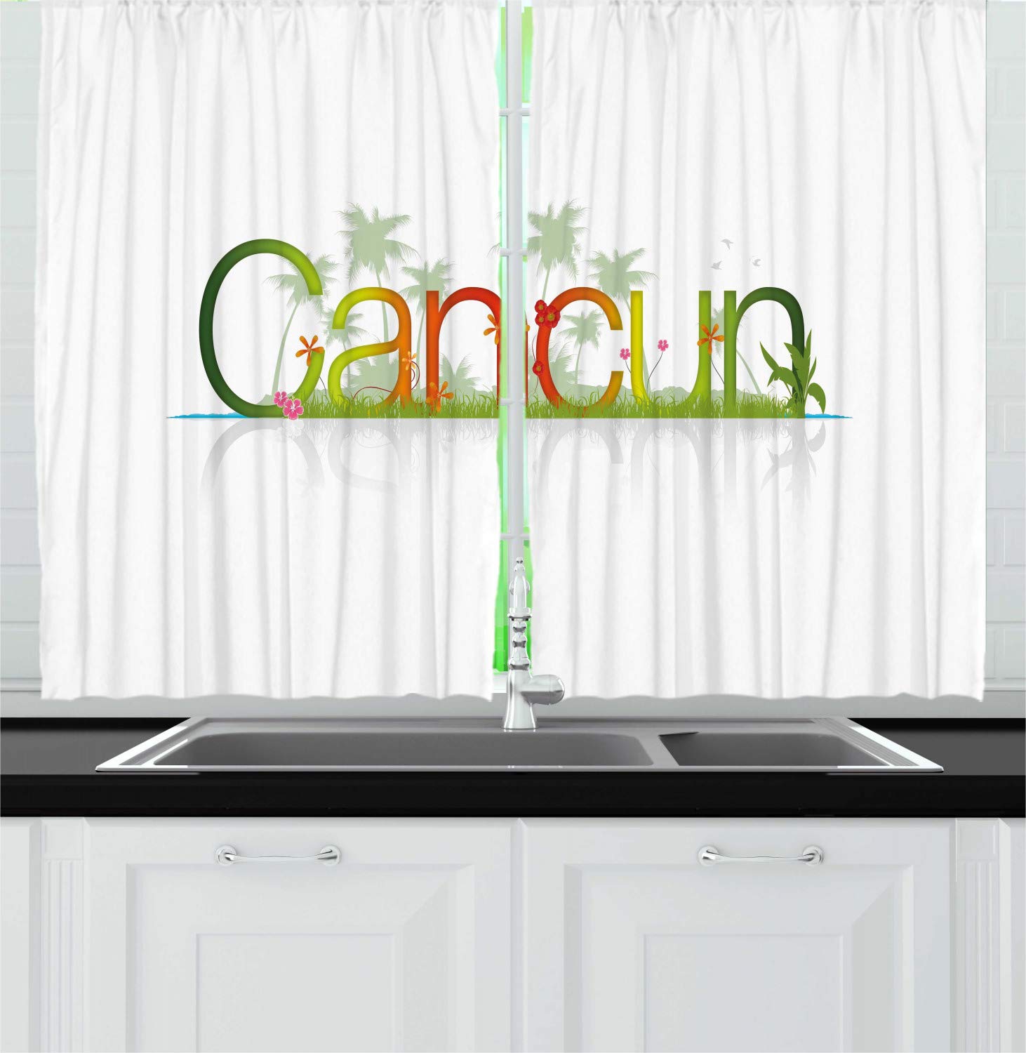 Ambesonne Tropical Mexico City Kitchen Curtains - 2 Panel Set with Palm Tree Design, 55