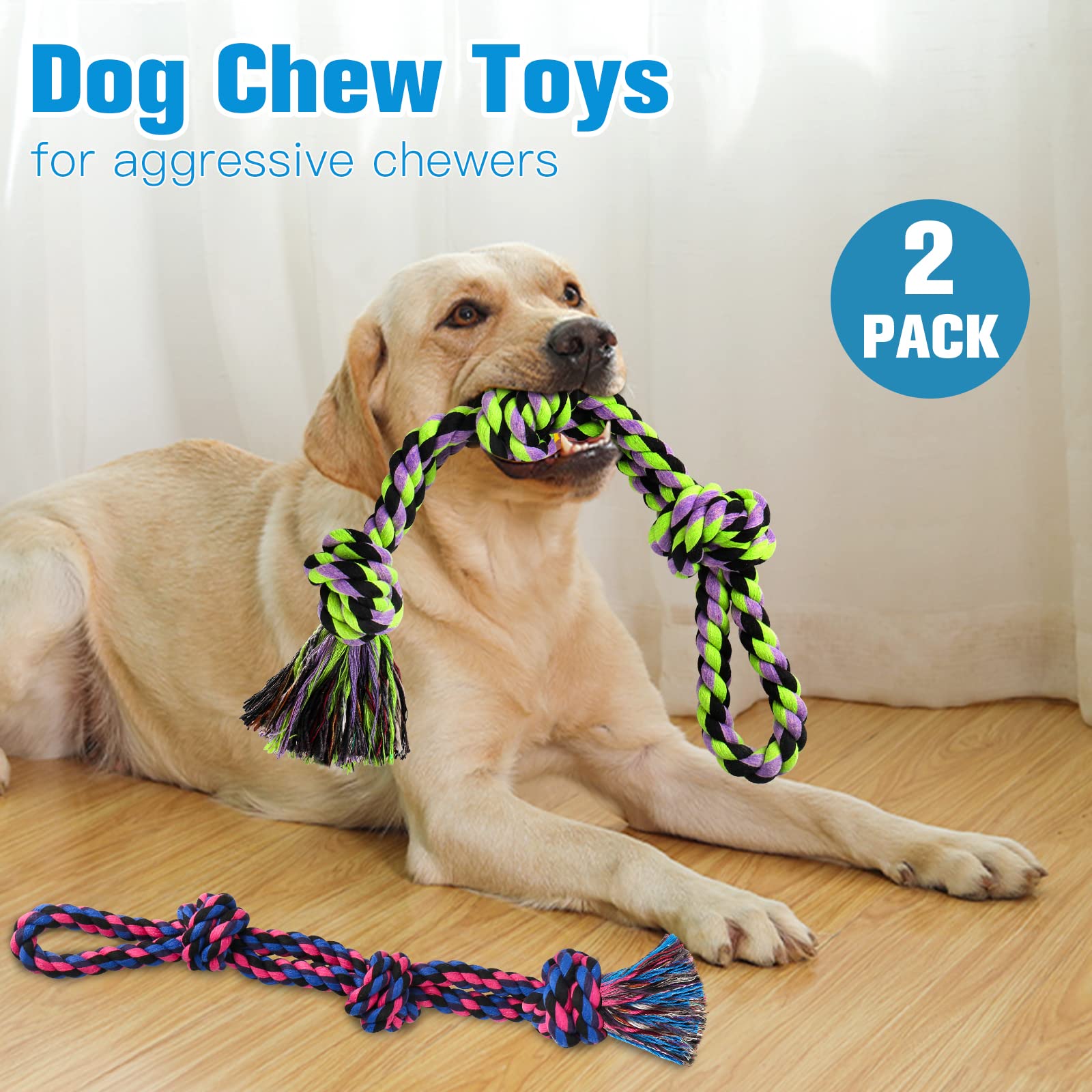 UPSKY Durable Dog Rope Toys - 2 Pack Nearly Indestructible Chew Toys for Medium & Large Breed Dogs | Dental Cleaning, Teething Relief & Tug-of-War Play | Perfect for Aggressive Chewers & Boredom Busters - Great for Indoor/Outdoor Playtime & Training Sessions