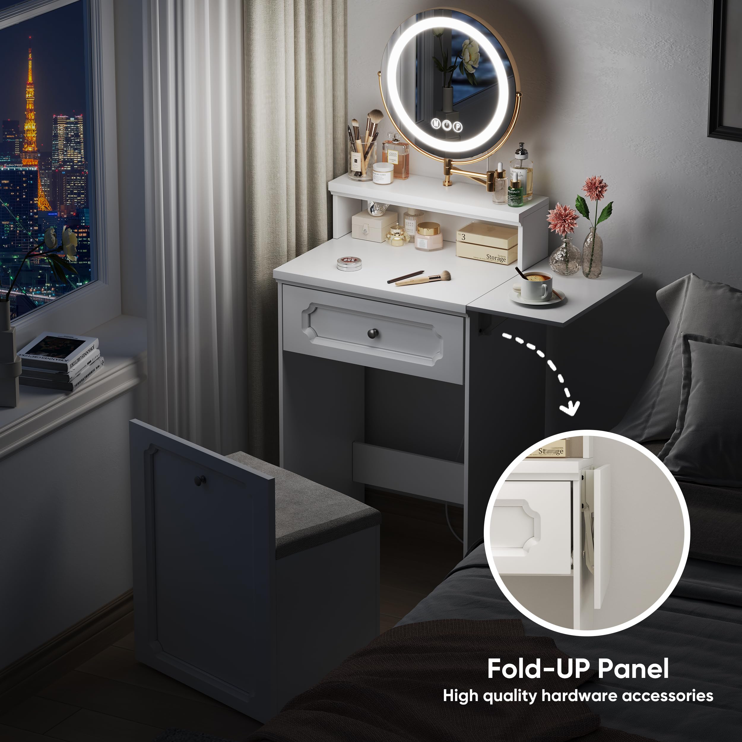 3 in 1 Small Vanity Makeup Desk with Rotatable Mirror & LED Lights - White Compact Makeup Table with Adjustable Lighting & Stool - Space Saving Corner Vanity with Foldable Panel for Bedroom, Dorm or Small Apartment
