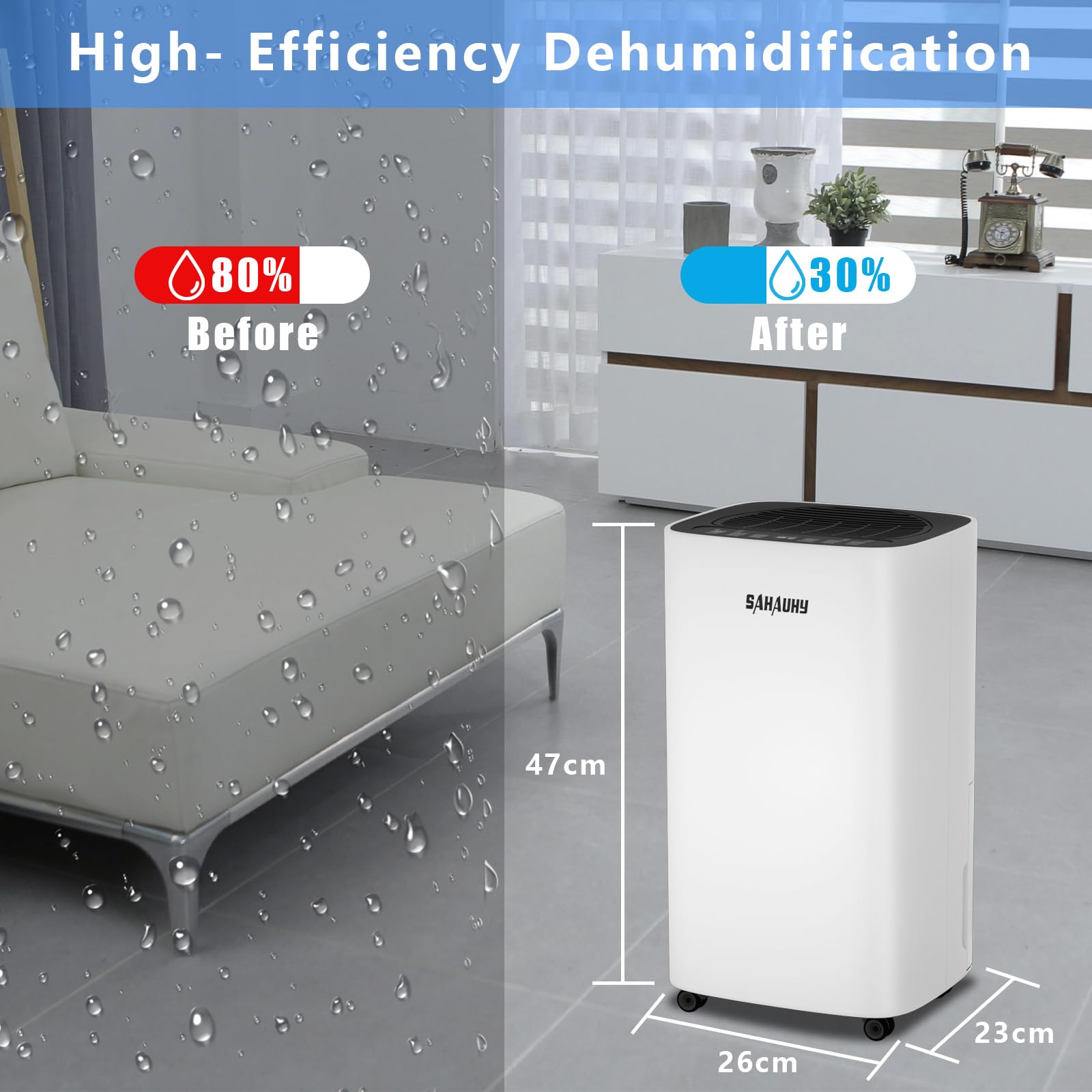 SAHAUHY 2000 Sq.Ft Dehumidifier for Basement, Home, Garage & Bedroom - Portable with Drain Hose, 0.52 Gallon Water Tank & Wheels - Ideal for Damp Areas, Mold Prevention & Moisture Control in Large Spaces