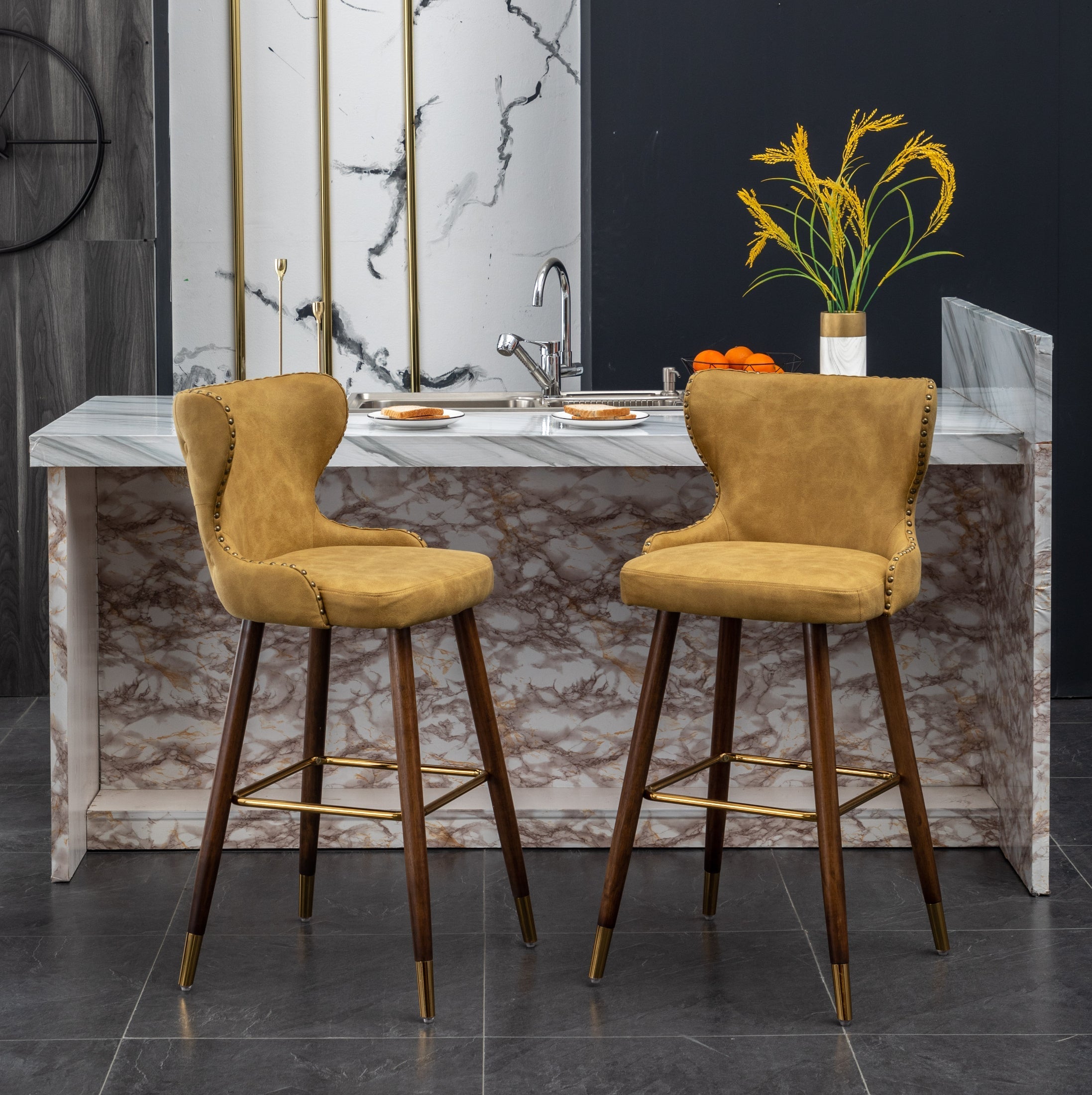 Roundhill Furniture Nevis Mid-Century Modern Faux Leather Tufted Bar Stools with Nailhead Trim - Set of 2 Yellow Counter Height Stools for Kitchen Island, Breakfast Bar & Home Decor