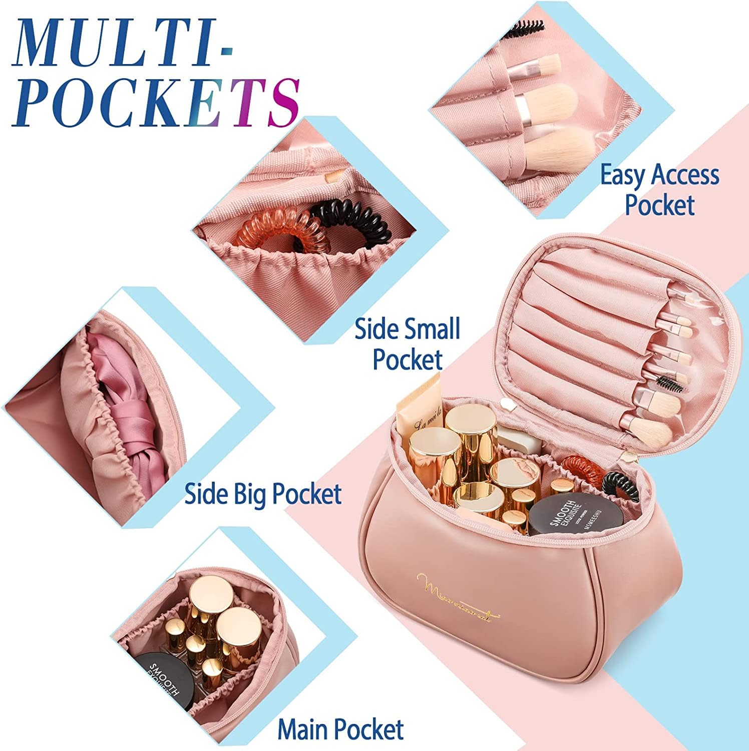 Juflix 2023 Women's Travel Makeup Bag - PU Leather Waterproof Cosmetic Organizer with Handle for Makeup Brushes, Lipstick, Perfume & Toiletries | Perfect for Vacation, Gym & Daily Use