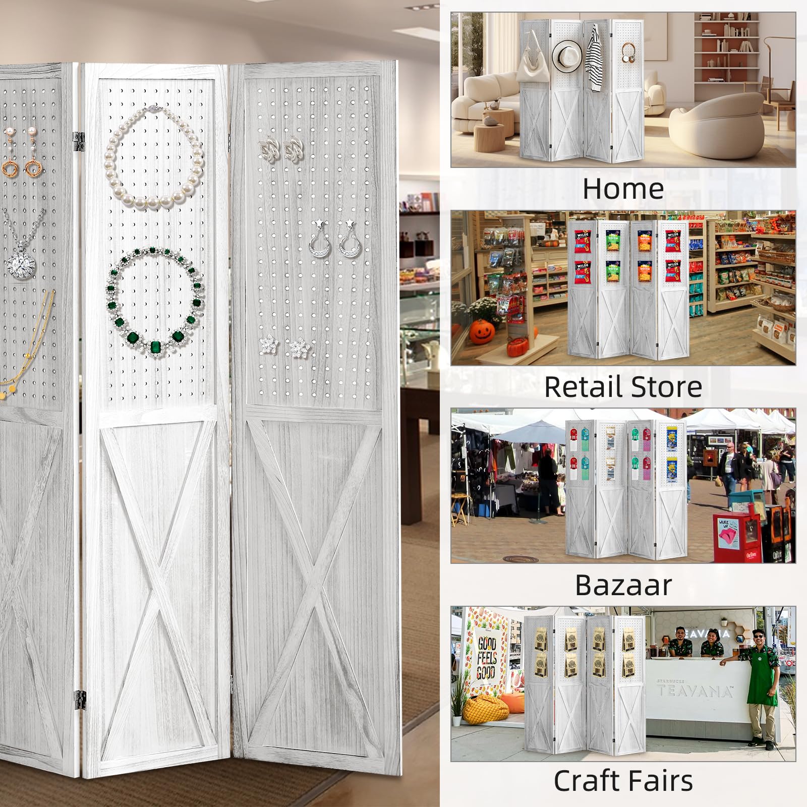 4 Panel Pegboard Room Divider - 5.6Ft Wooden Folding Privacy Screen & Display Organizer for Art, Jewelry, Craft Shows - Perfect for Home Office, Retail Displays, and Event Booths (White)