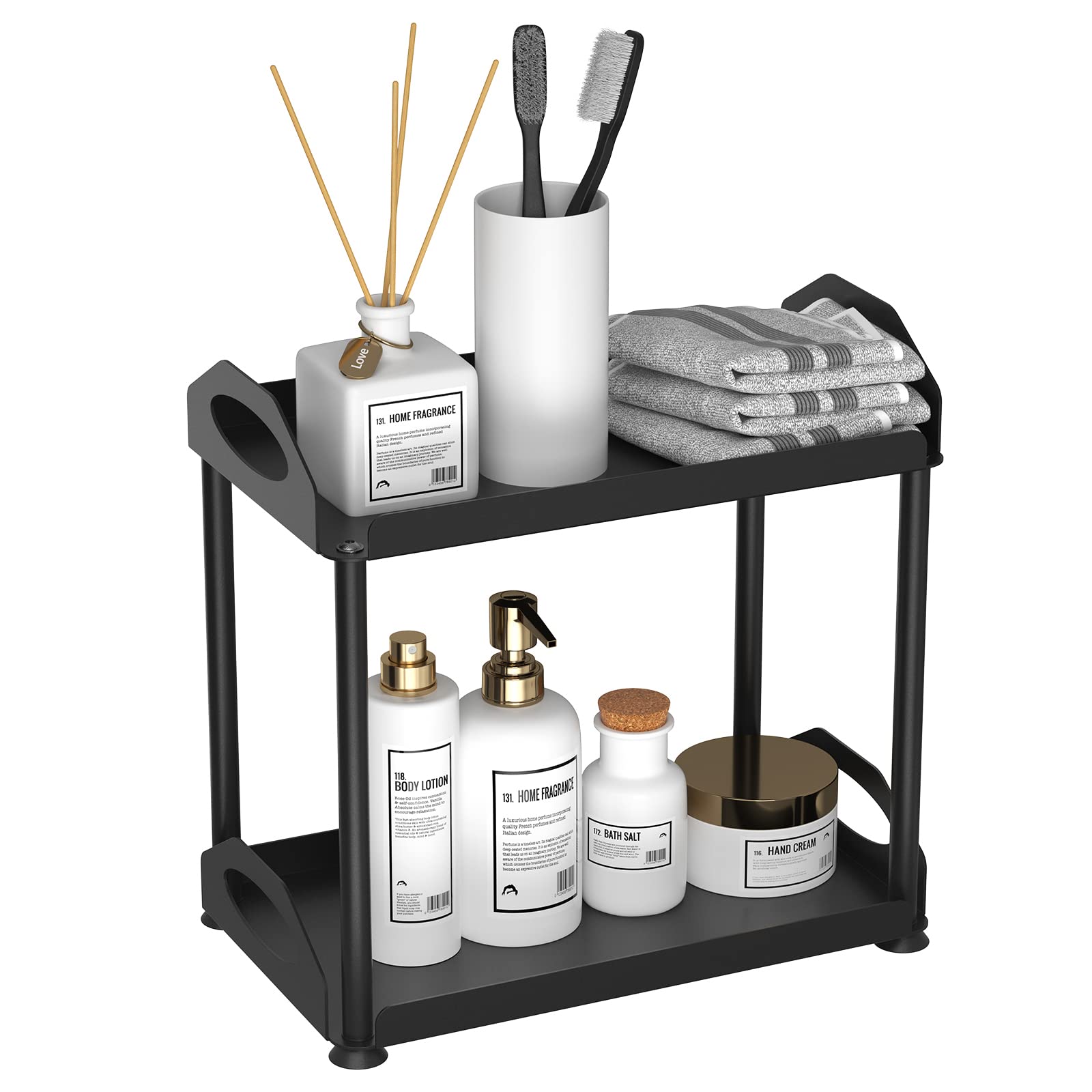 2-Tier Black Bathroom Countertop Organizer - Cosmetic & Skincare Storage Tray for Makeup, Perfume, Toiletries - Perfect for Vanity, Kitchen Spice Organization & Small Space Storage
