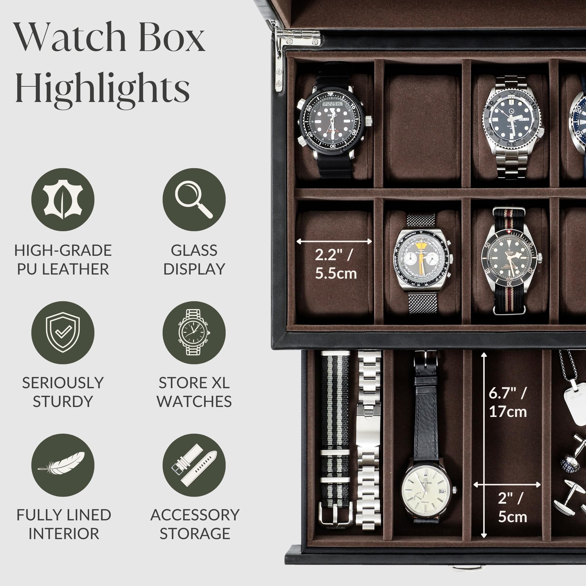 TAWBURY 8 Slot Watch Organizer Box with Storage Drawer - Premium Faux Leather Watch Case for Men | Luxury Watch Display & Storage Box with Valet Drawer | Perfect for Watch Collectors & Gift Giving
