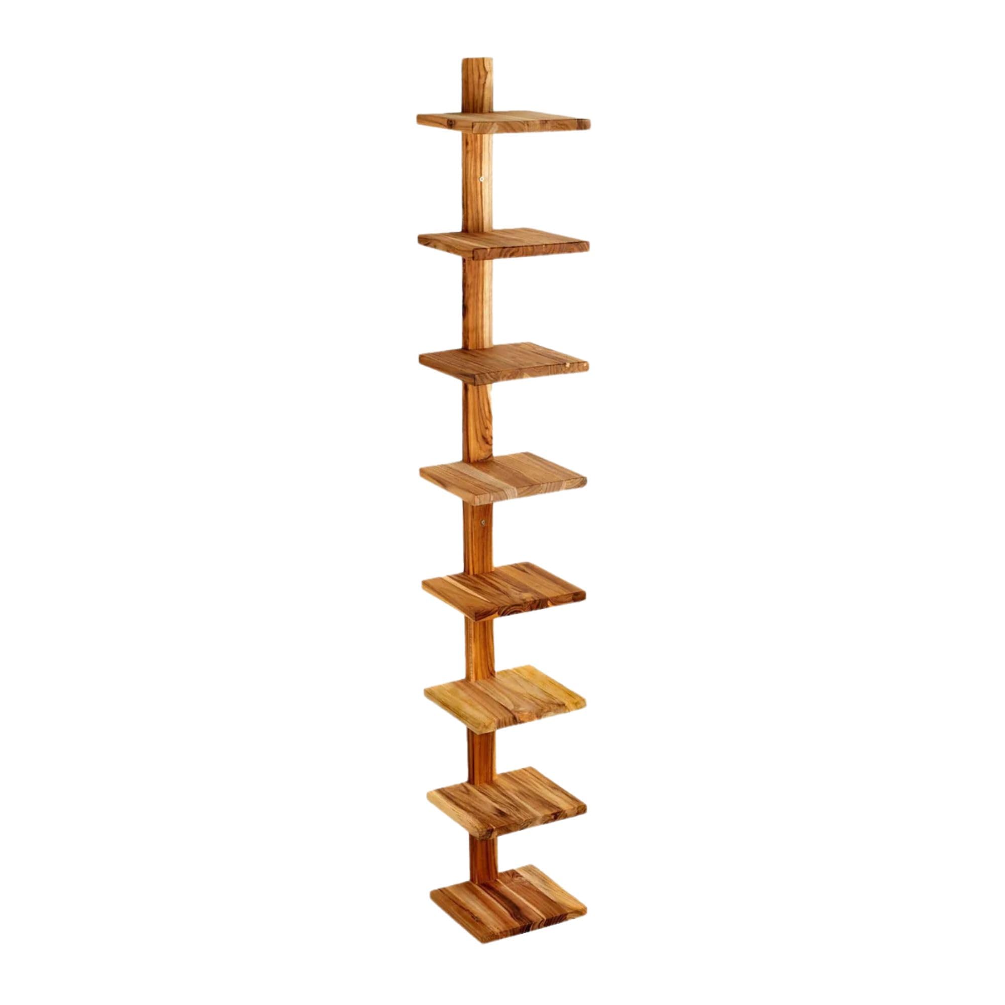 8-Shelf Floating Wall Shelves - Solid Teak Wood Column Shelving Unit for Living Room, Bedroom & Office Storage | Takara Large Wooden Wall Mount Shelves for Books, Plants & Decor