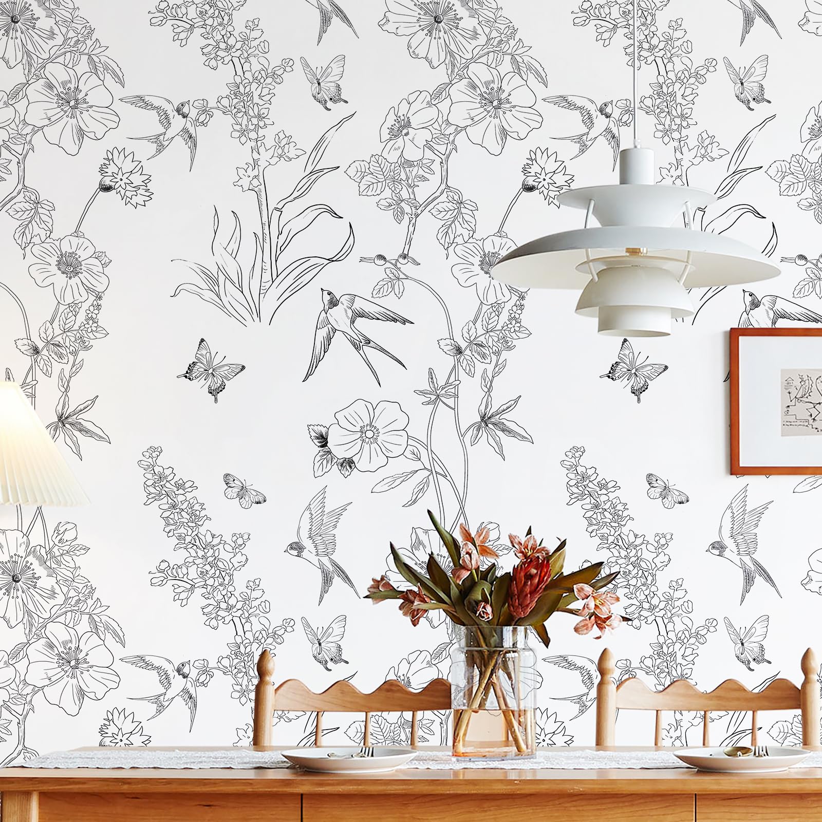 Modern Black and White Floral Peel and Stick Wallpaper - Removable Self-Adhesive Vinyl Contact Paper 17.3” x 120” - Birds Sketch Design for Bedroom, Living Room, Cabinets & Shelf Liner - Easy Home Decor Upgrade for Walls & Furniture