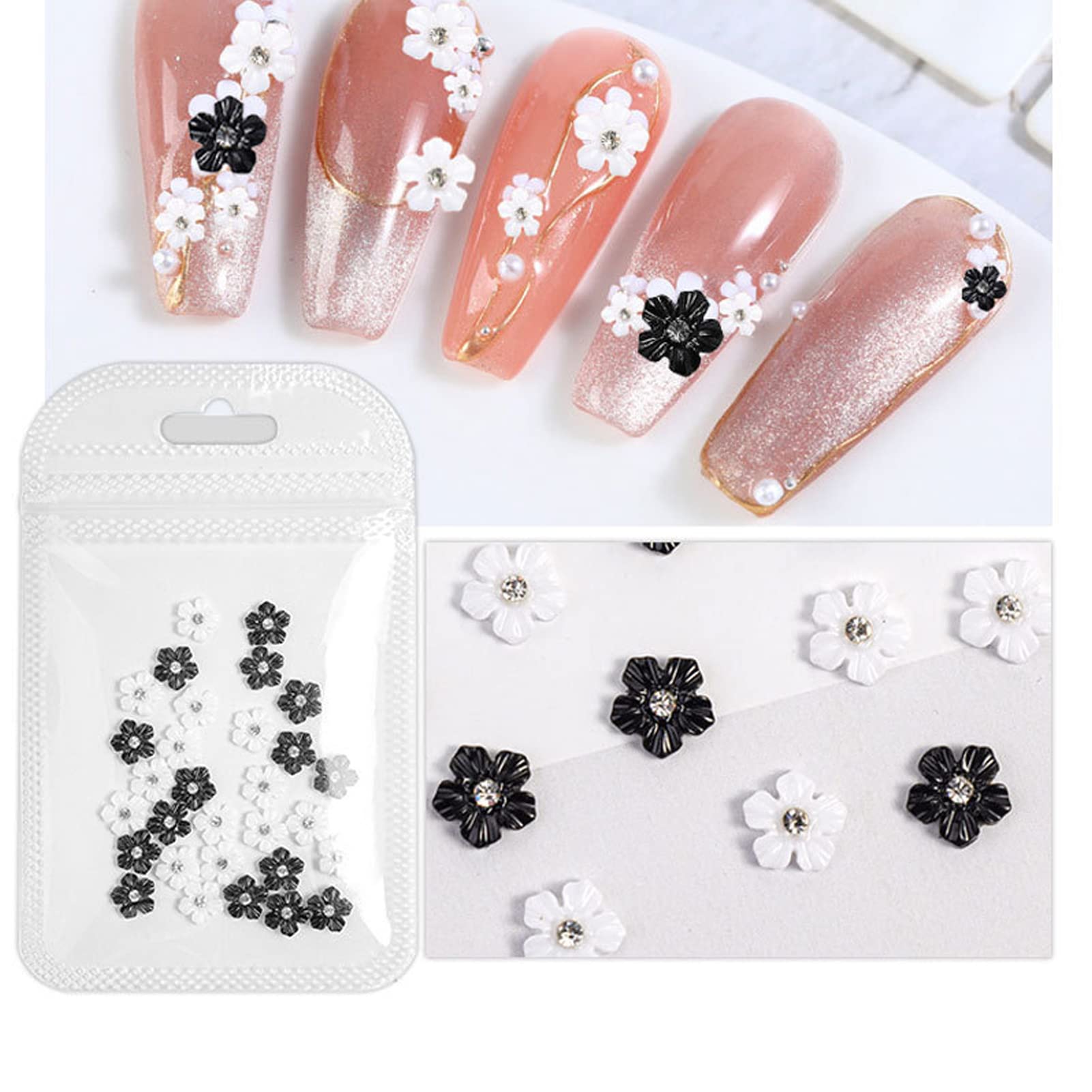3D Flower Nail Art Decorations - Black & White 5 Petal for DIY Manicure