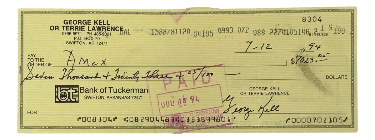 Authentic George Kell Detroit Tigers Signed Bank Check #8304 - Rare Sports Memorabilia for Collectors & Fans - Perfect for Display in Home, Office, or Man Cave