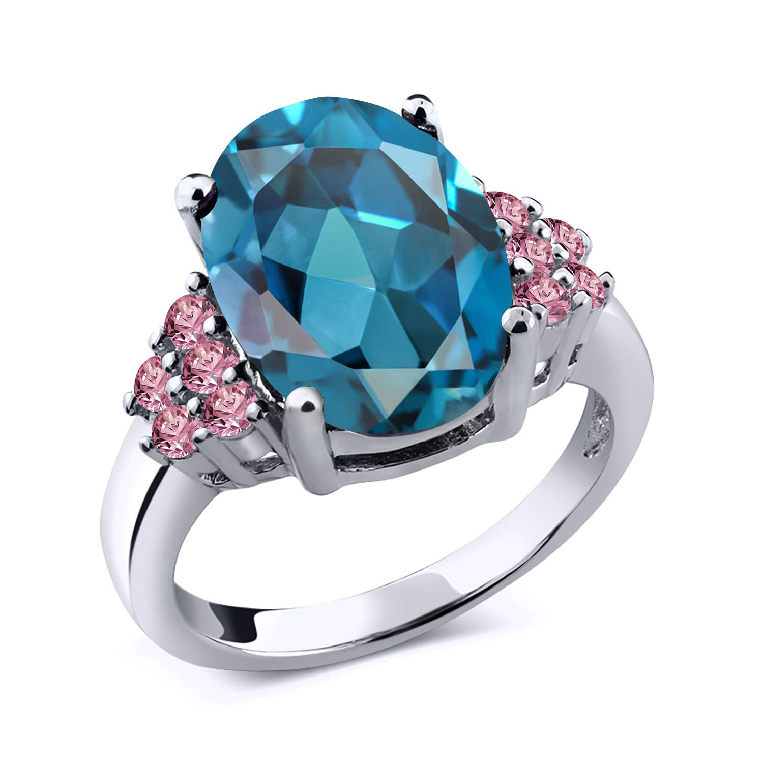 6.38 Ct Oval London Blue Topaz & Pink Lab-Grown Diamond Sterling Silver Ring for Women | 925 Silver Engagement Ring | Gem Stone King | Perfect for Weddings, Anniversaries & Special Occasions