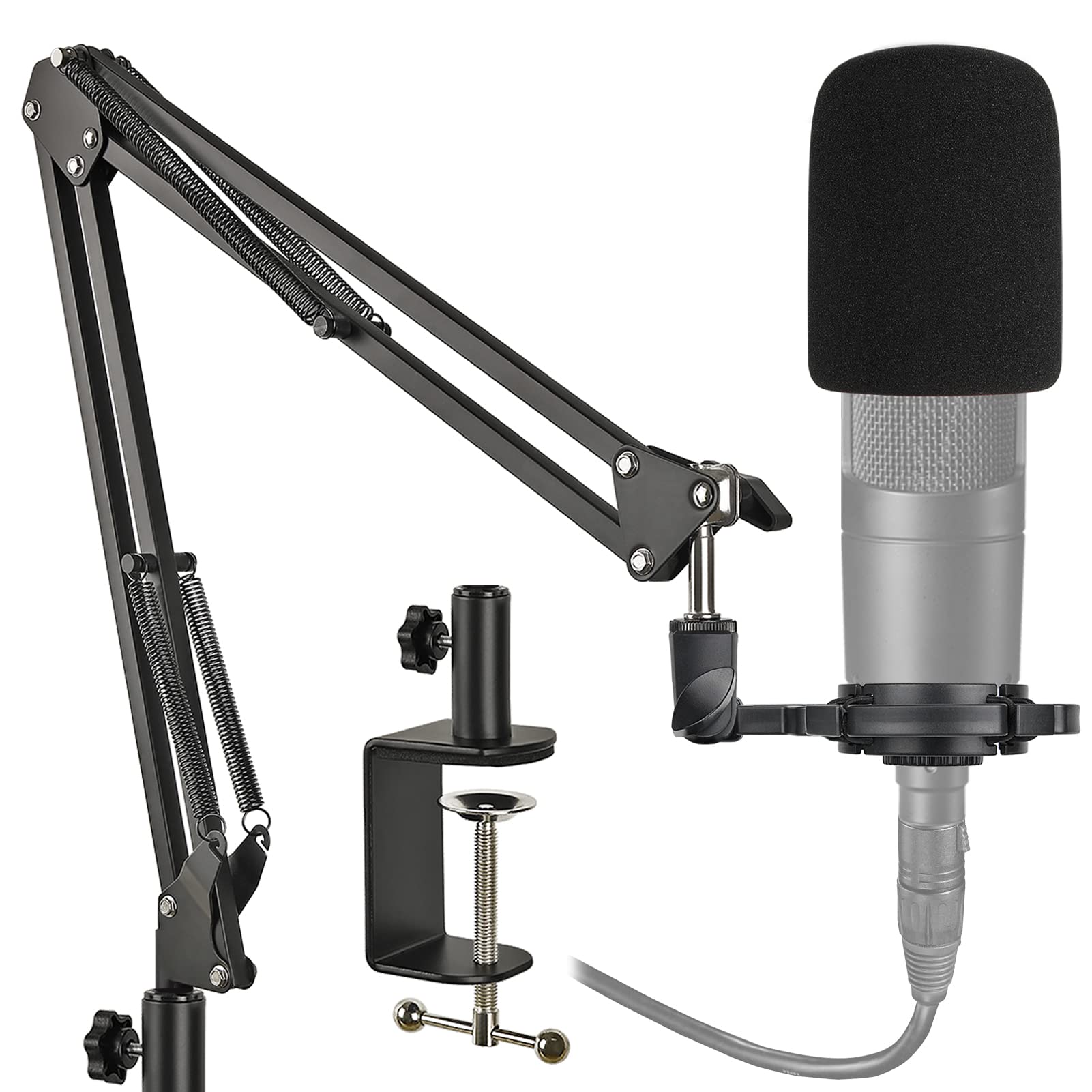 Professional Microphone Stand with Shock Mount & Foam Windscreen - Heavy Duty Boom Arm with Upgraded Clamp for Audio Technica AT2020/AT2020USB+/AT2035 Condenser Mics - Perfect for Home Studio, Podcasting & Live Streaming