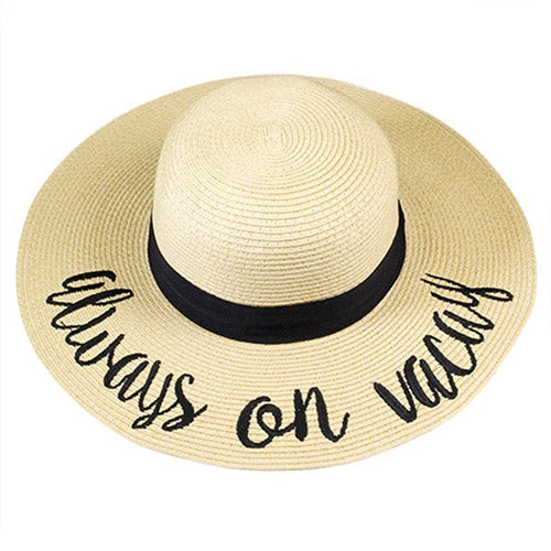 Always on Vacay Embroidered Straw Floppy Sun Hat for Women - Wide Brim Beach Hat with UPF 50+ Sun Protection - Perfect for Vacation, Pool Party, and Summer Outings