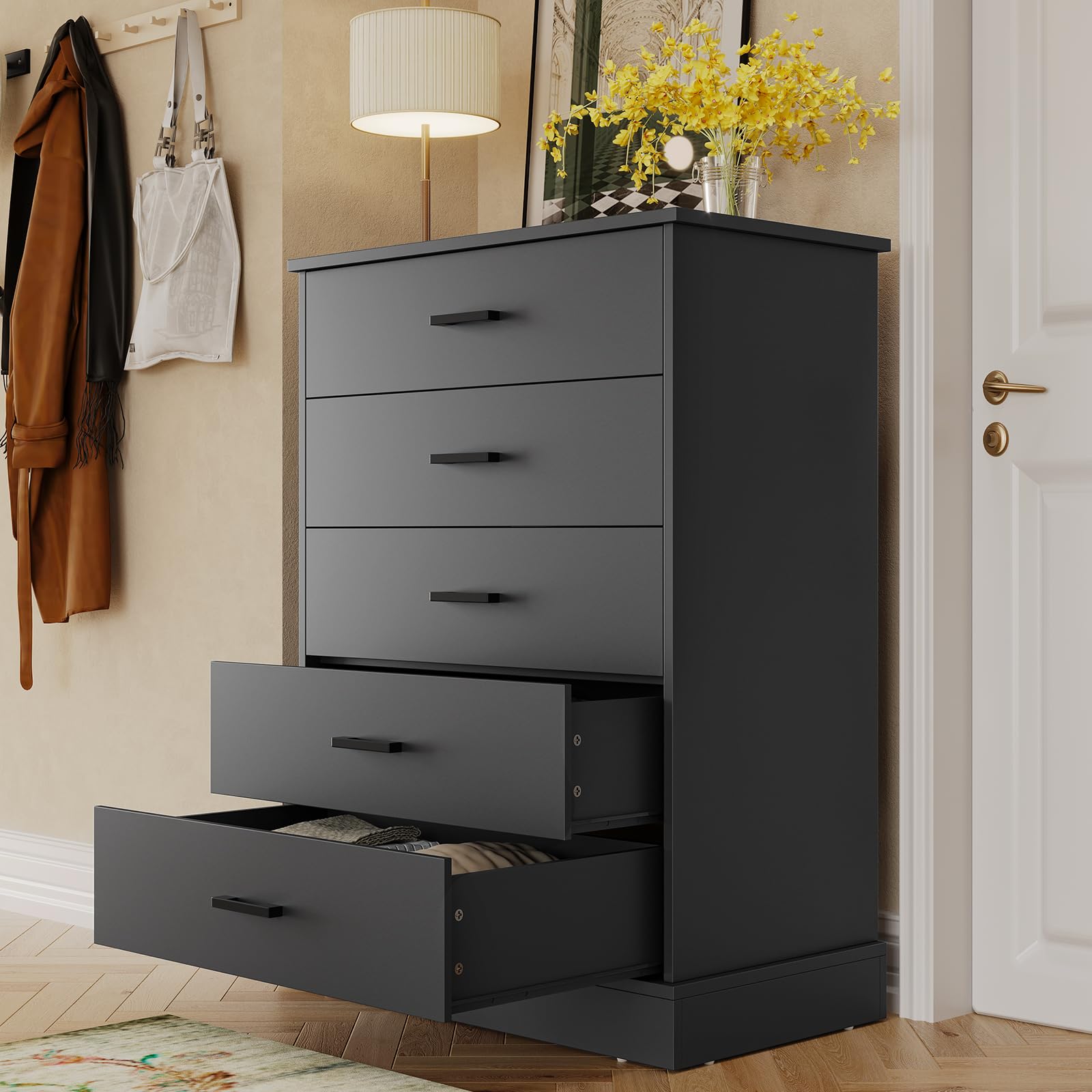 Hasuit 5-Drawer Black Dresser for Bedroom - Solid Wood Tall Chest with Sturdy Base, Large Capacity Storage Cabinet for Closet Organization - Perfect for Bedroom, Living Room & Hallway Storage Solutions
