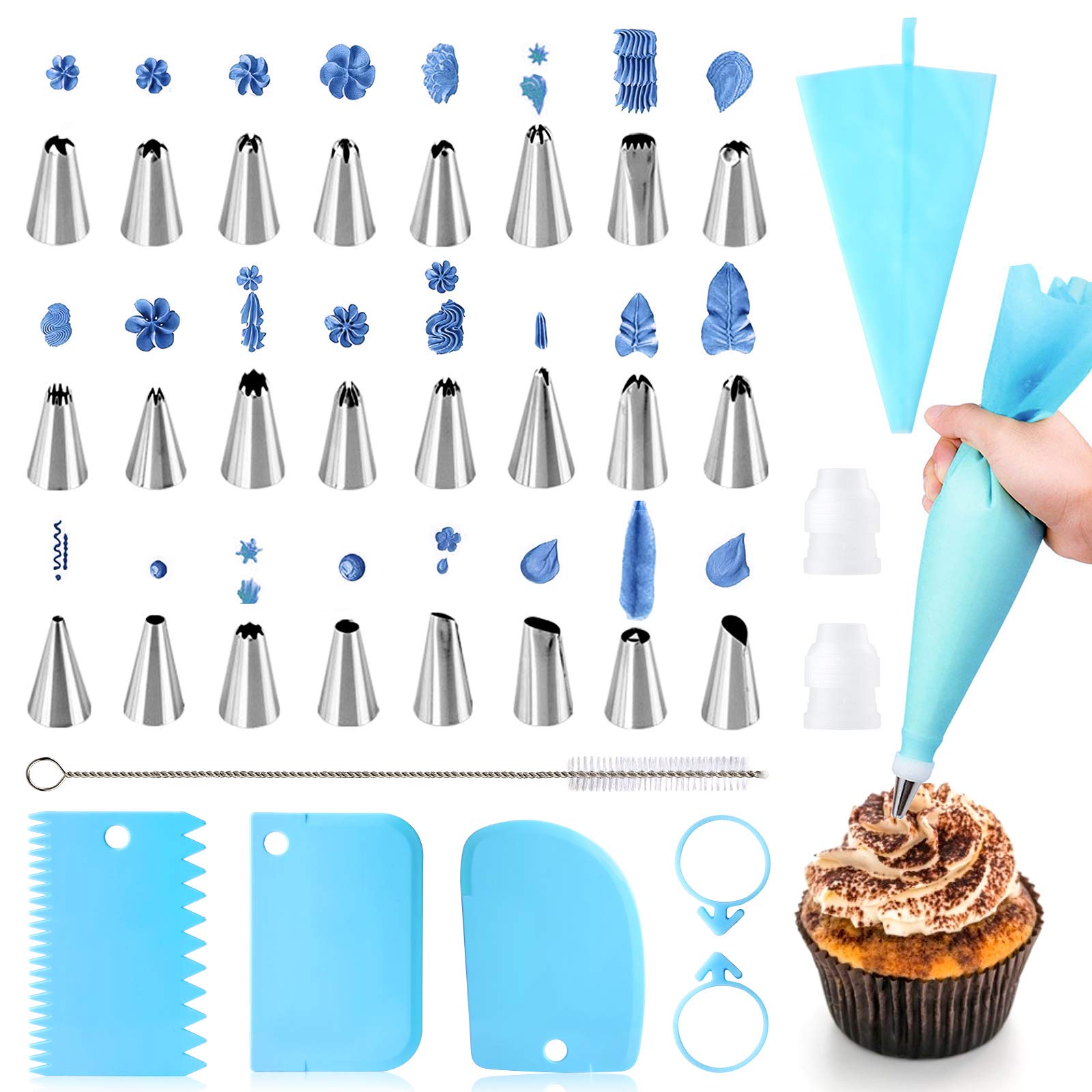 34 Pcs Cake Decorating Kit - Reusable Silicone Icing Piping Bags with 24 Nozzles, 2 Couplers & 3 Scrapers for Baking, Cupcake & Cookie Decorating | Professional Pastry Tools for Home Bakers & Wedding Cakes