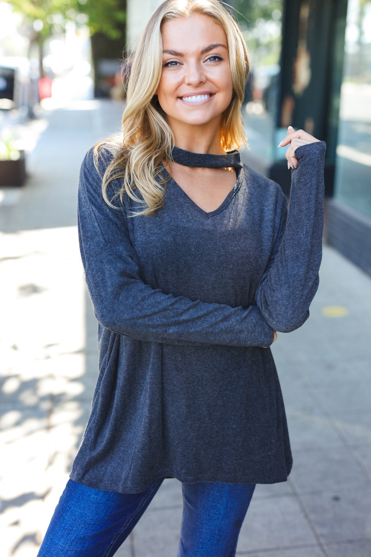 Casual Chic Solid Grey Choker Neck Long Sleeve Hacci Pullover Sweater for Women | Cozy Fall Winter Knit Top | Perfect for Office, Date Night & Weekend Outfits