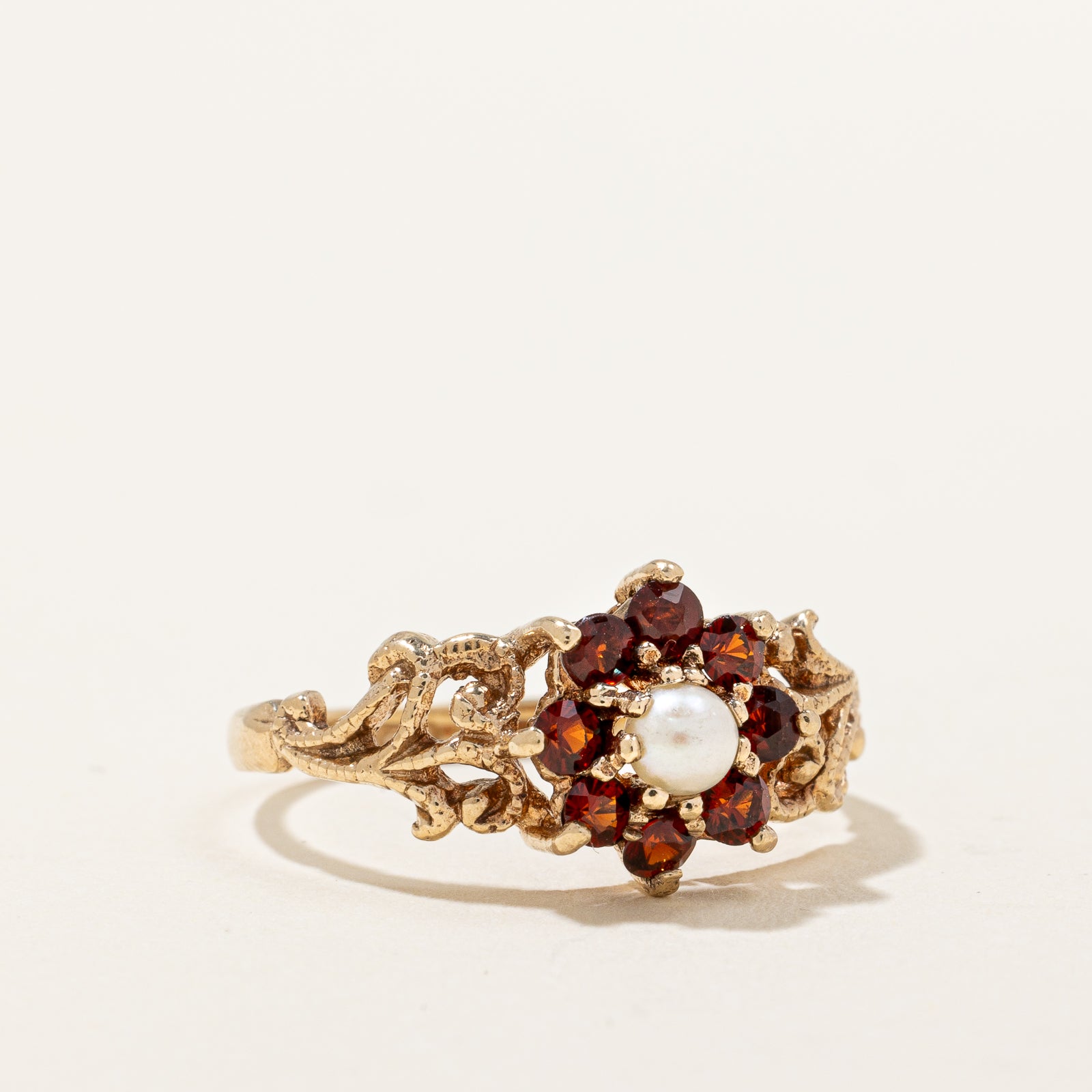 Vintage 1975 Birmingham Garnet & Seed Pearl Floral Ring - 0.50ctw Gemstone, Size 7.5 - Elegant Antique Jewelry for Women, Perfect for Weddings, Anniversaries & Special Occasions