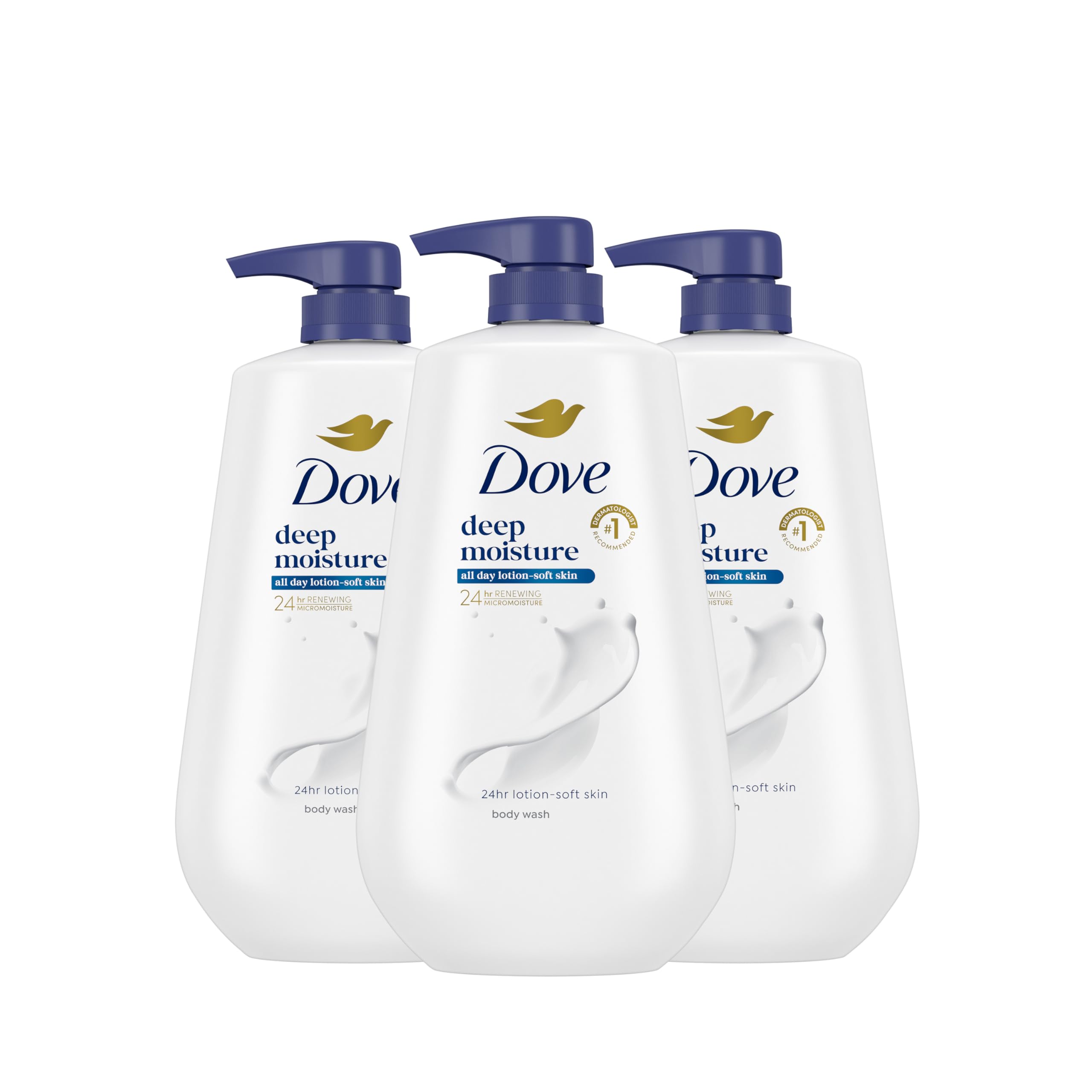 Dove Deep Moisture Body Wash with Pump - 3 Pack, 24-Hour Hydration for Soft Skin, Sulfate-Free & Paraben-Free Moisturizing Cleanser - Perfect for Daily Shower & Dry Skin Care