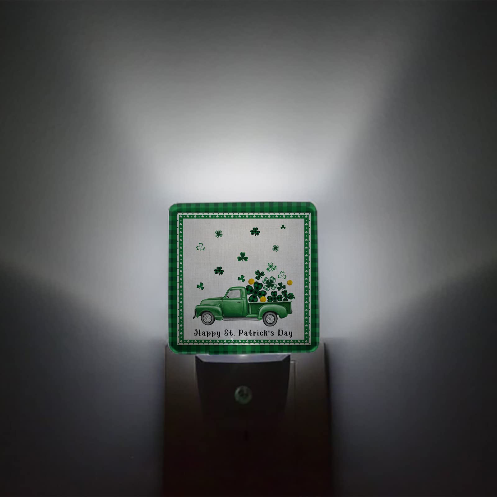 LED Night Light Plug-in with Auto Sensor | Happy St. Patrick's Day Green Truck & Lucky Shamrocks | Kids Bedroom, Bathroom, Hallway Night Lamp | Home Decor for Nursery, Stairs & Dark Spaces