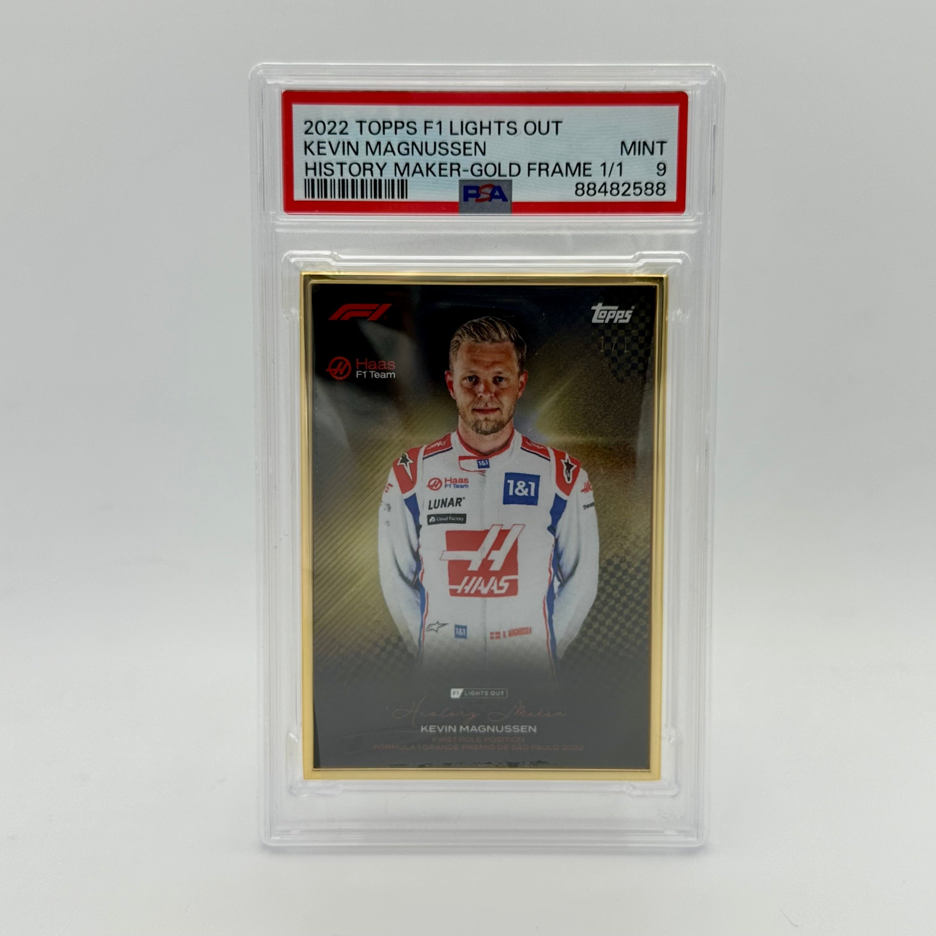 Kevin Magnussen 2022 Lights Out History Maker 1/1 Gold Frame PSA9 Graded Card - Perfect for F1 Racing Fans, Collectors, and Memorabilia Displays