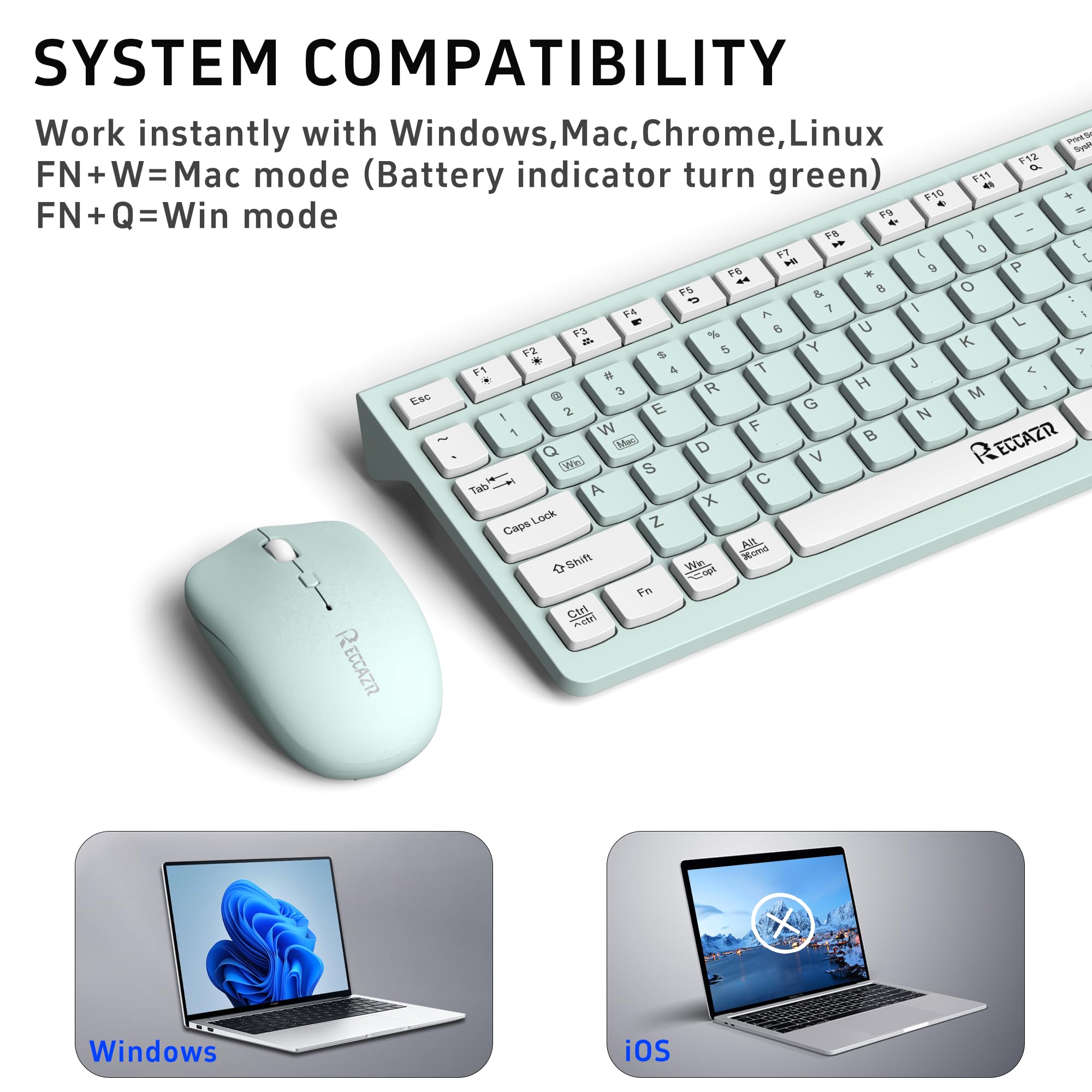Wireless Keyboard and Mouse Combo - Full-Sized Ergonomic Keyboard with Adjustable DPI Mouse, 2.4GHz USB Receiver for PC, Laptop, Desktop - Compatible with Windows 10/11 (Mint Green & White) | Perfect for Office Work, Gaming & Home Computing