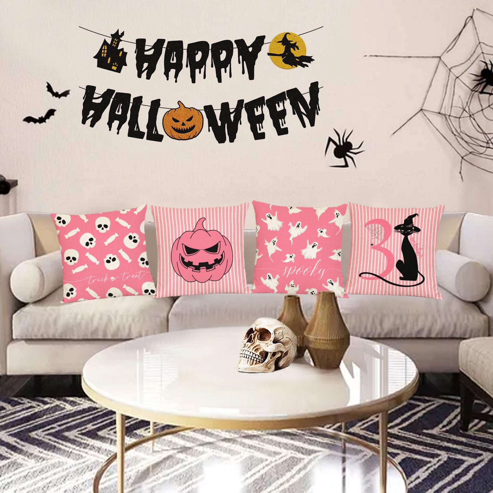 Halloween Pillow Covers 12x12 Inch Set of 4 - Cute Pink Ghost Skull Cat Pumpkin Decorative Throw Pillow Cases for Sofa, Couch, Bed - Spooky Home Decor & Outdoor Halloween Party Decoration