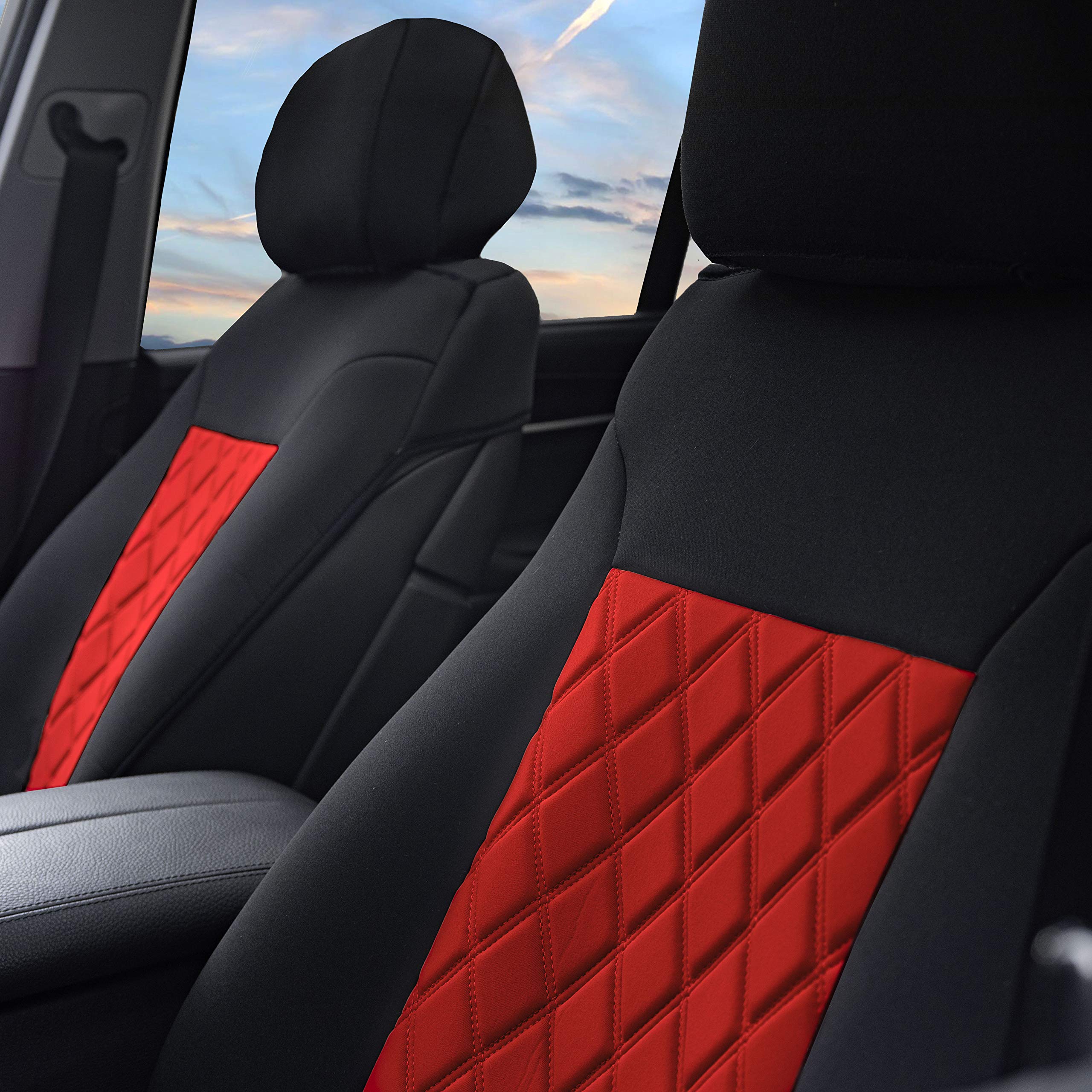 FH Group Neosupreme Waterproof Car Seat Covers - 2 Pack Universal Fit Seat Protectors for Cars, Trucks & SUVs | Red & Black Car Seat Cushions | Perfect for Road Trips, Daily Commute & Pet Protection