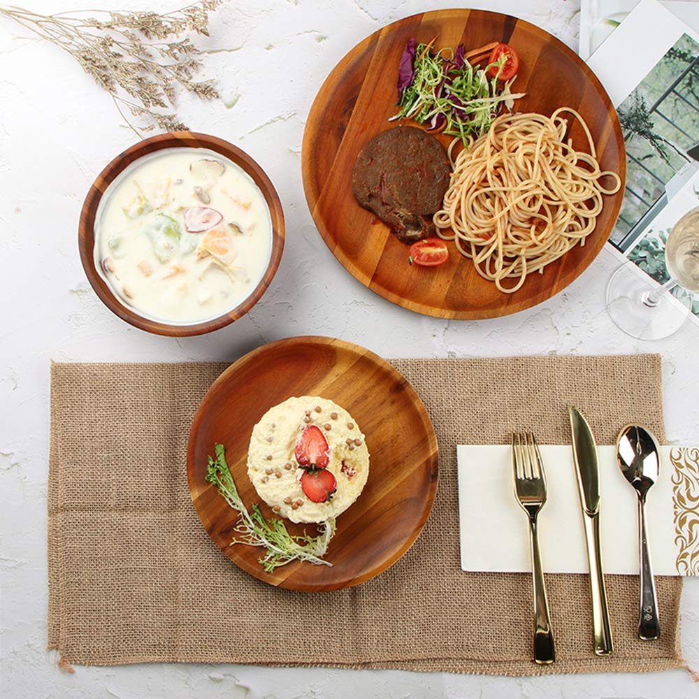 Premium 12-Piece Acacia Wood Dinnerware Set - Natural Wooden Plates, Bowls & Utensils for 4 People | Eco-Friendly Tableware for Everyday Meals, Dinner Parties & Outdoor Dining