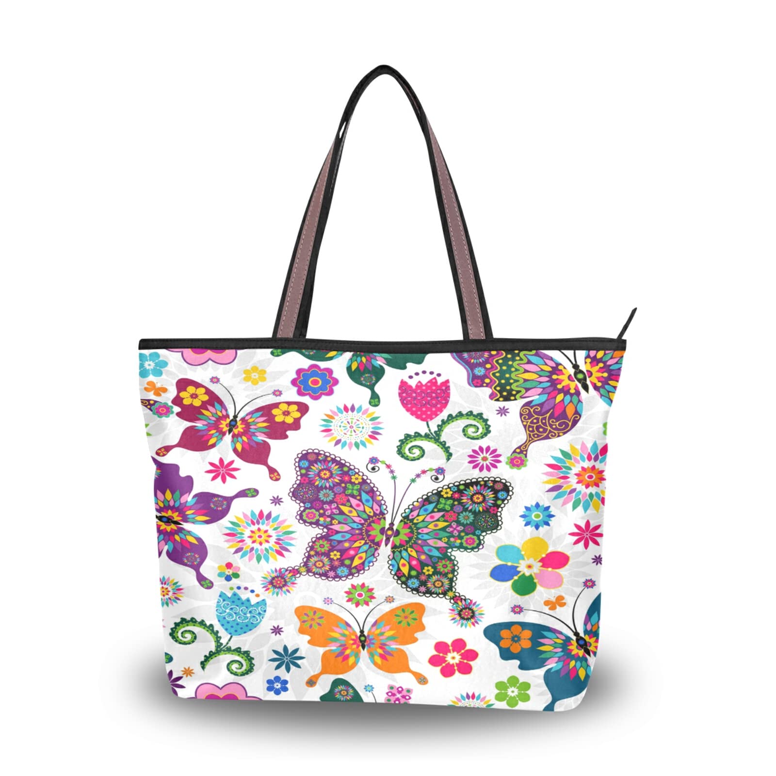 ALAZA Colorful Butterflies & Flowers Zippered Tote Bag - Reusable Women's Shoulder Handbag for Beach, Travel & Shopping | Stylish & Durable Ladies Purse for Everyday Use