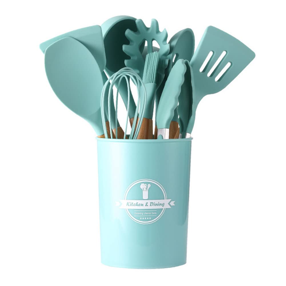 11-Piece Silicone Kitchen Utensil Set with Wooden Handle & Holder - Heat Resistant, Non-Stick Cooking Tools (Spatula, Spoon, Turner) - Perfect for Baking, Frying & Everyday Cooking - Blue