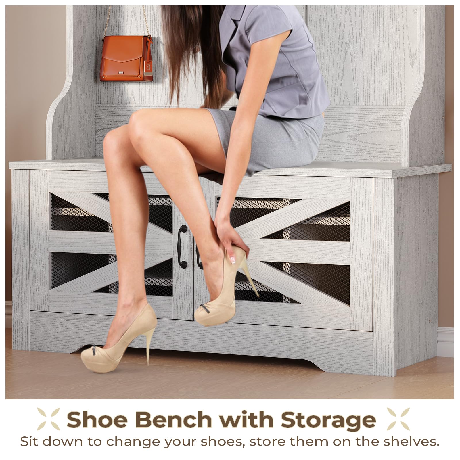 Itaar 5-in-1 Hall Tree Entryway Bench with Shoe Storage, Coat Rack & Adjustable Shelf - 10 Shoe Cubbies, 9 Coat Hooks & Barn Door Design (Embossed White) - Perfect for Mudroom, Foyer & Small Space Organization