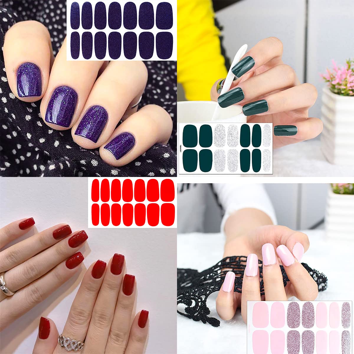 JERCLITY 24 Sheets Glitter Solid Color Nail Polish Strips - Self-Adhesive Nail Wraps with Nail File - Easy Nail Art Stickers for Women - Perfect for Parties, Weddings & Daily Manicures