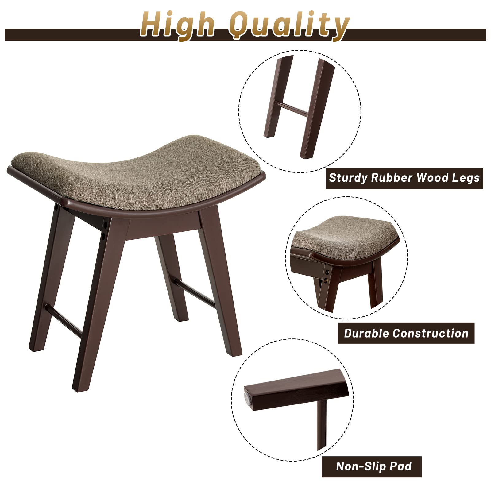 Quimoo Vanity Stool with Rubberwood Legs & Concave Seat - 280lb Capacity Makeup Chair for Bedroom, Dressing Room & Bathroom - Easy Assembly Brown Stool - Perfect for Makeup Application, Hair Styling & Relaxing