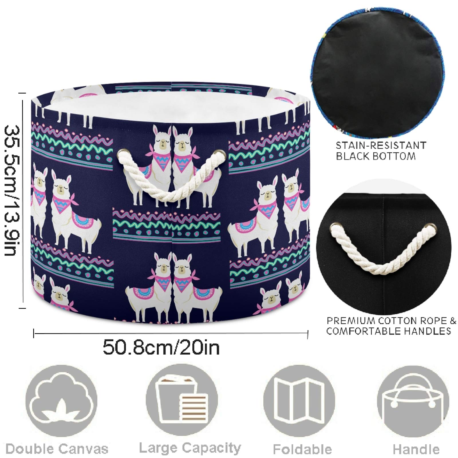 Visesunny Collapsible Storage Basket with Cute Llama Pattern - Nursery Hamper, Toy Organizer & Laundry Bin for Kids Room, Playroom, Bathroom, Living Room, Dorm & Office | Perfect for Organizing Clothes, Toys & Household Items