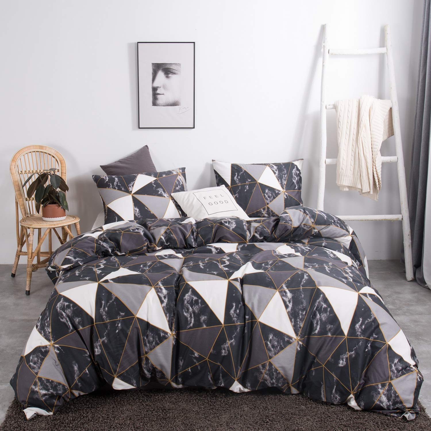 100% Cotton Duvet Cover Set - Black White Grey Marble Geometric Pattern Reversible Twin Size Bedding with Zipper Closure | Soft Quilt Comforter Cover for Kids, Teens & Adults | Perfect for Modern Bedrooms, Dorm Rooms & Guest Rooms