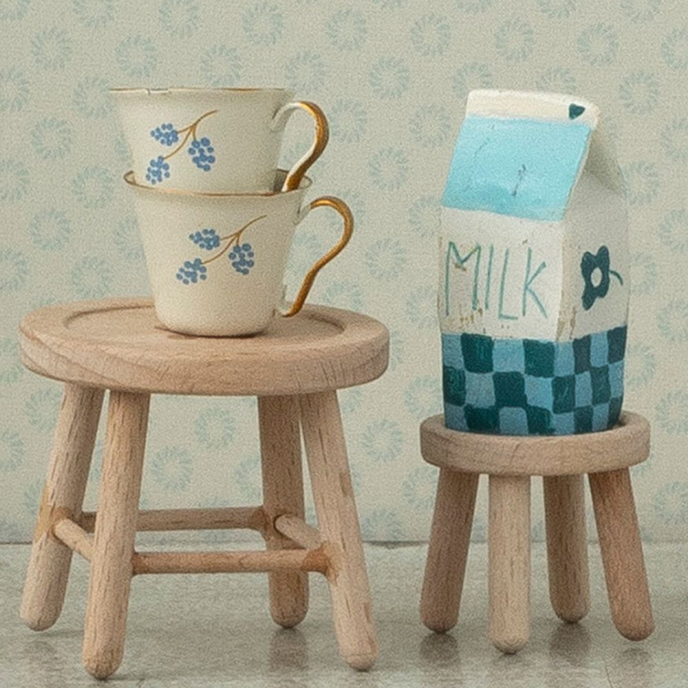 Maileg Mouse Table and Stool Set - Wooden Kids Play Furniture for Pretend Tea Parties & Creative Playtime