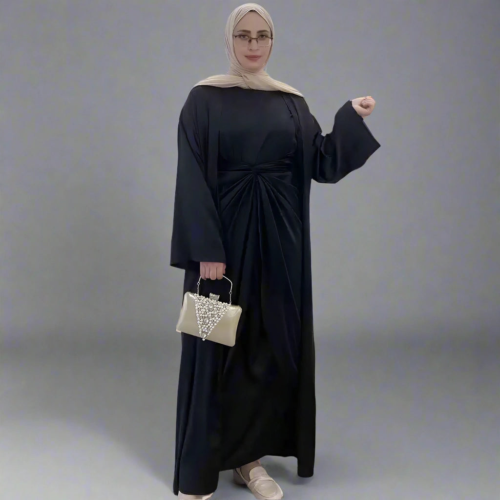 2-Piece Solid Color Open Front Cardigan Abaya Dress Set - Modest Muslim Outfit for Prayer, Work & Casual Wear