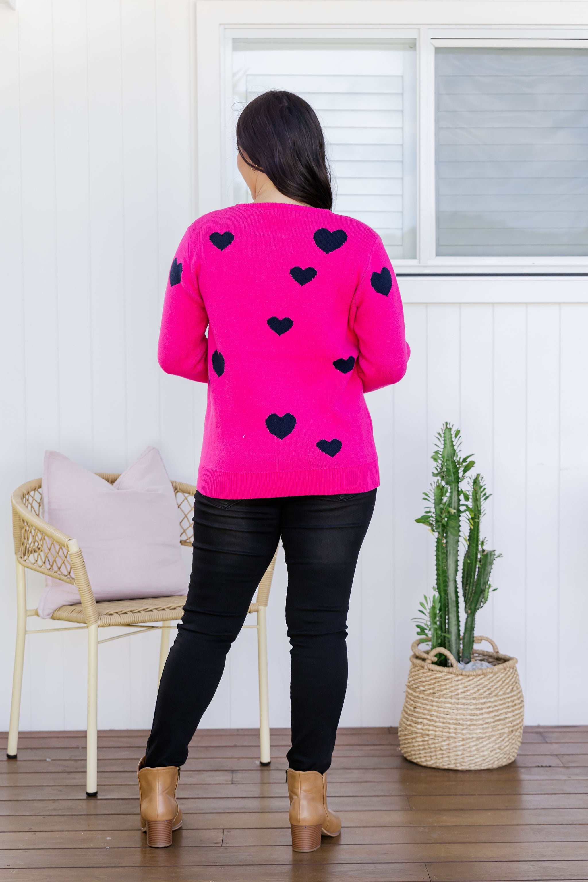 Amor Knit Jumper Women's Pink Sweater with Navy Hearts Design - Perfect for Casual Wear, Date Nights & Cozy Winter Outfits